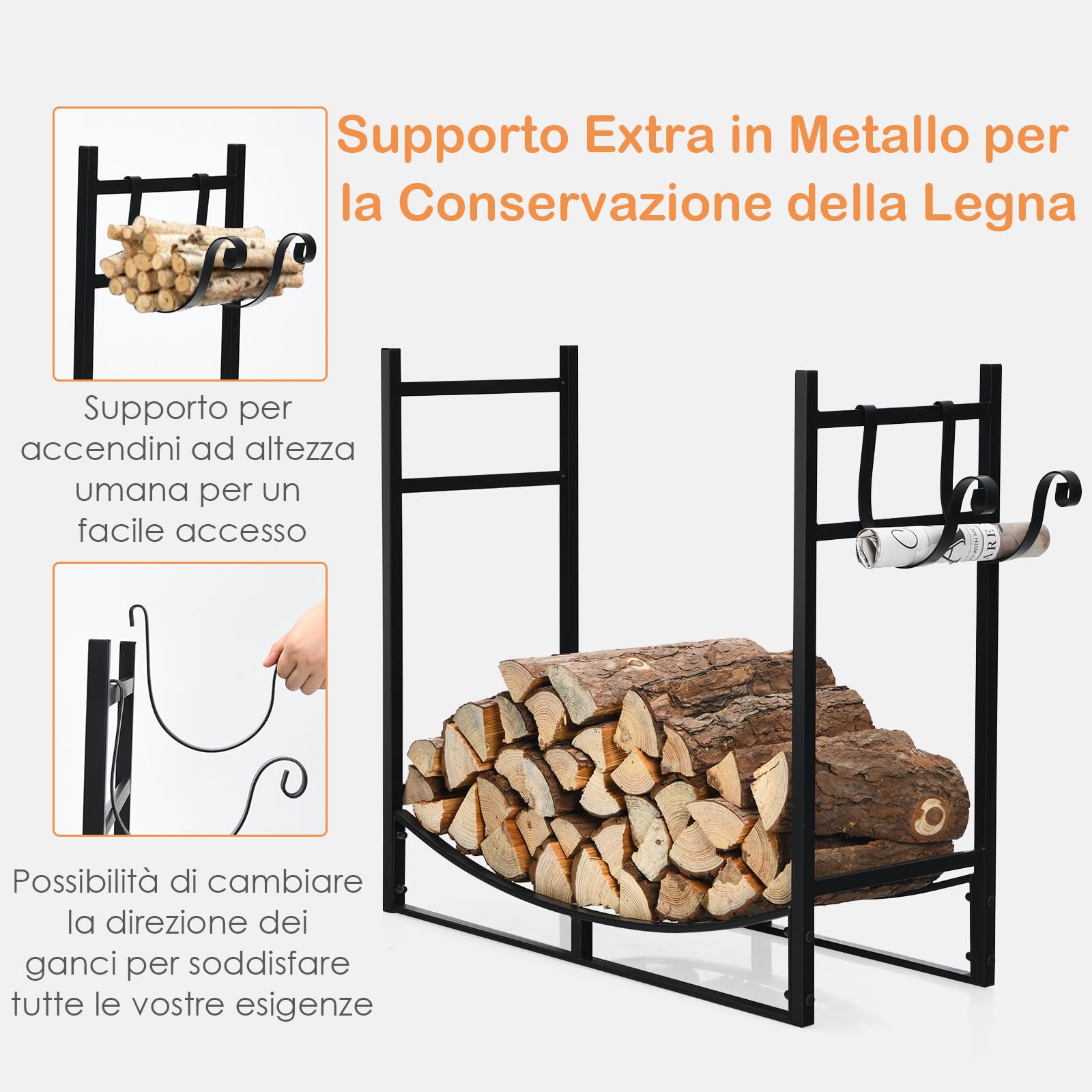 COSTWAY Portalegna da Interno ed Esterno, Portalegna in Metallo Resistente, con Supporti per Accendifuoco Staccabili, Portata 50 KG