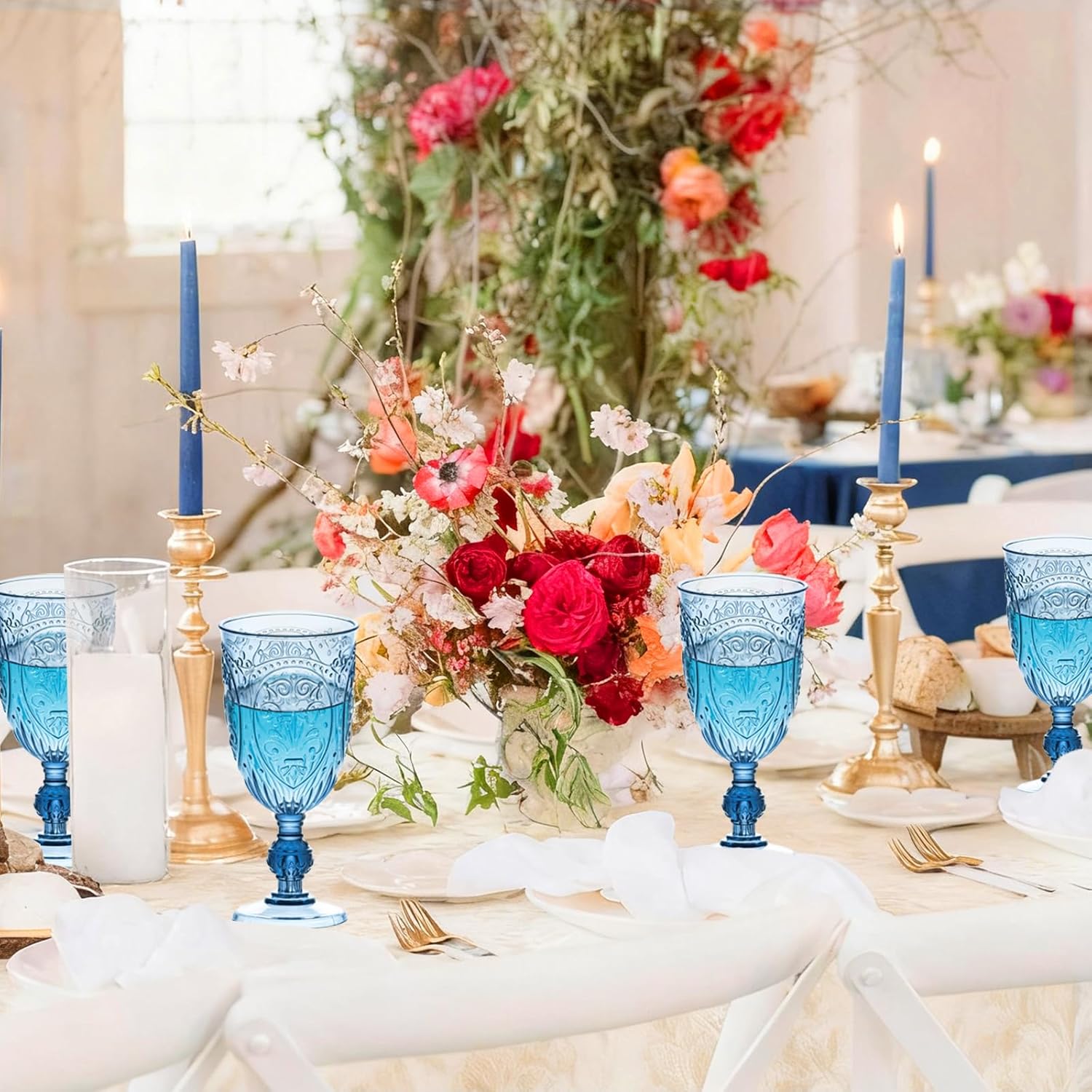JLYLOL Plastic Wine Glasses 24Pcs Plastic Goblets 7.5oz Colored Retro Embossed Glassware Vintage Stemmed Drinking Cup Reusable Water Goblets for Wedding Reception Grand Event Party Bar,Whiskey (Blue)