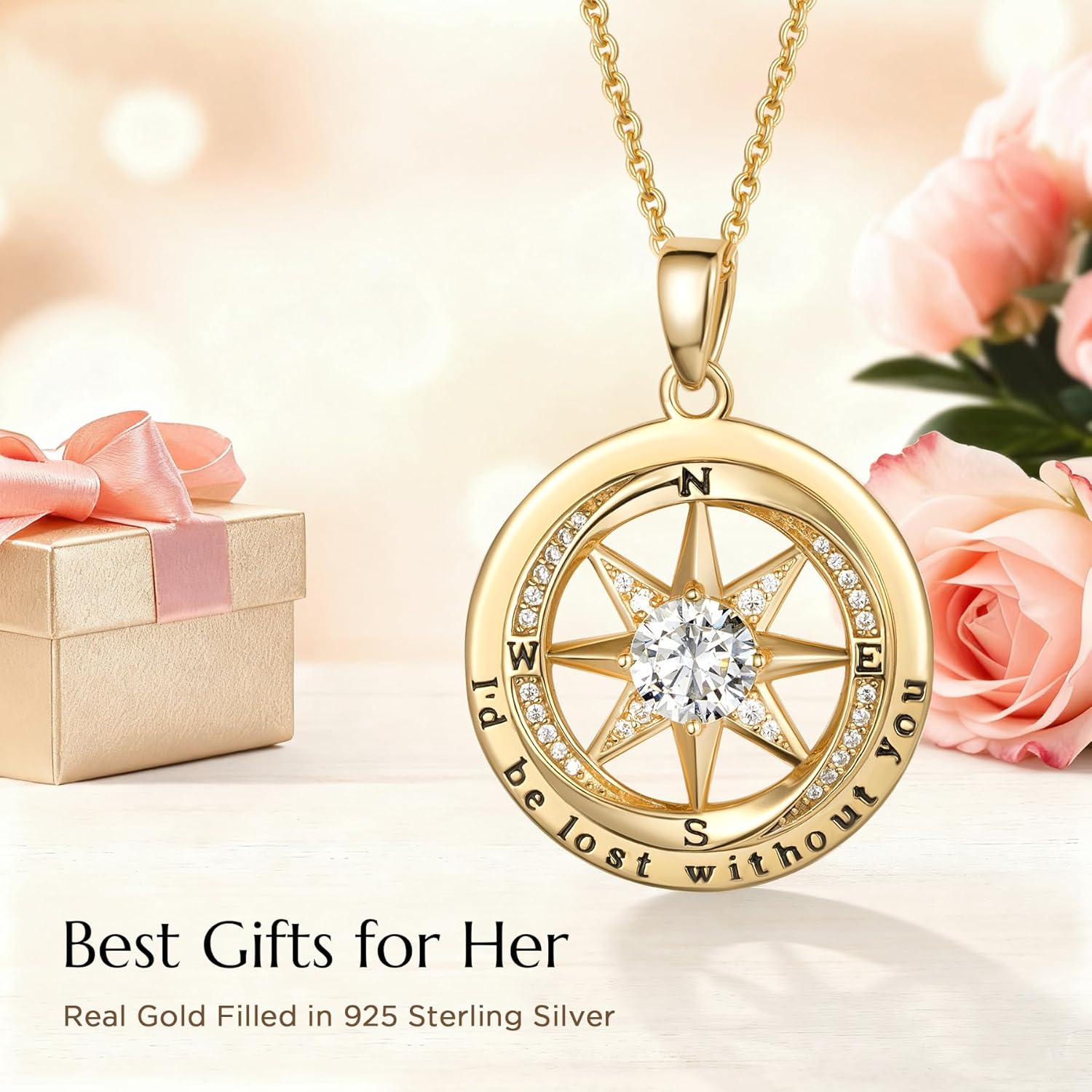 NORBU 925 Compass Necklace Gifts for Women Wife, 5A Cubic Zirconia Birthstone Womens Compass Necklace, Fine Jewelry as Anniversary Birthday Valentines Day Mothers Day Wedding Christmas Gifts for Her, I'd Be Lost Without You - Image 6