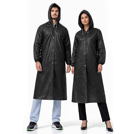 Robustt EVA Reusable Raincoat with Hood (Black) - Pack of 1 | Elasticated Full Sleeves Outdoor Waterproof Raincoat for Men & Women | Rainwear | Button Closure | Knee Length | Universal Fit