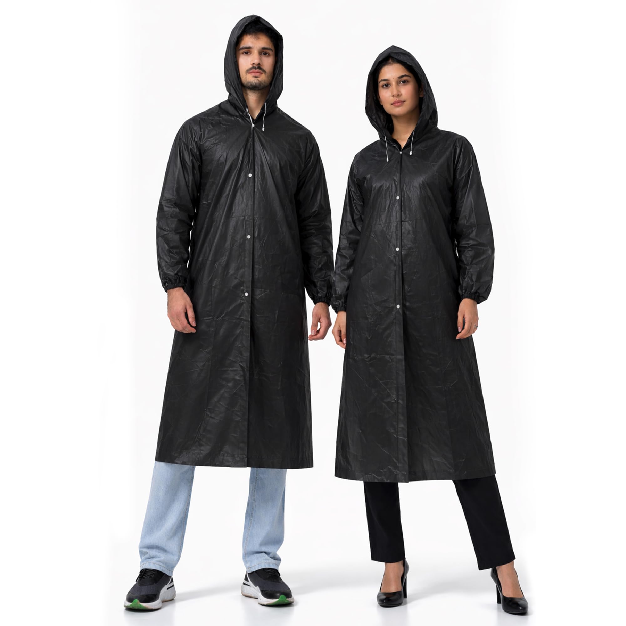 Robustt EVA Reusable Raincoat with Hood (Black) - Pack of 1 | Elasticated Full Sleeves Waterproof Raincoat for Men & Women | Lightweight Rainwear | Button Closure | Knee Length | Universal Fit