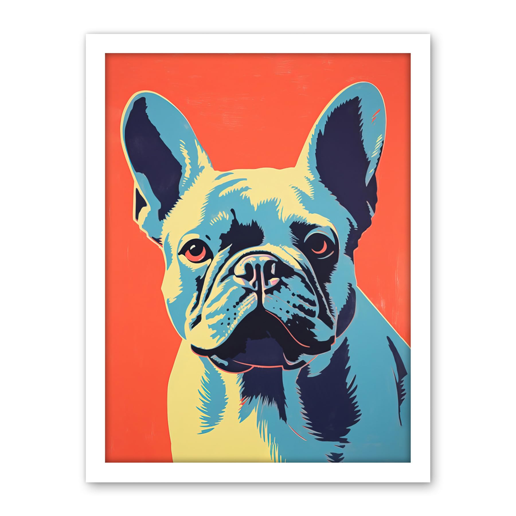 Artery8 French Bulldog Colour Block Artwork Coral Orange Blue Vibrant Pet Portrait Cute Artwork Framed Wall Art Print 18X24 Inch