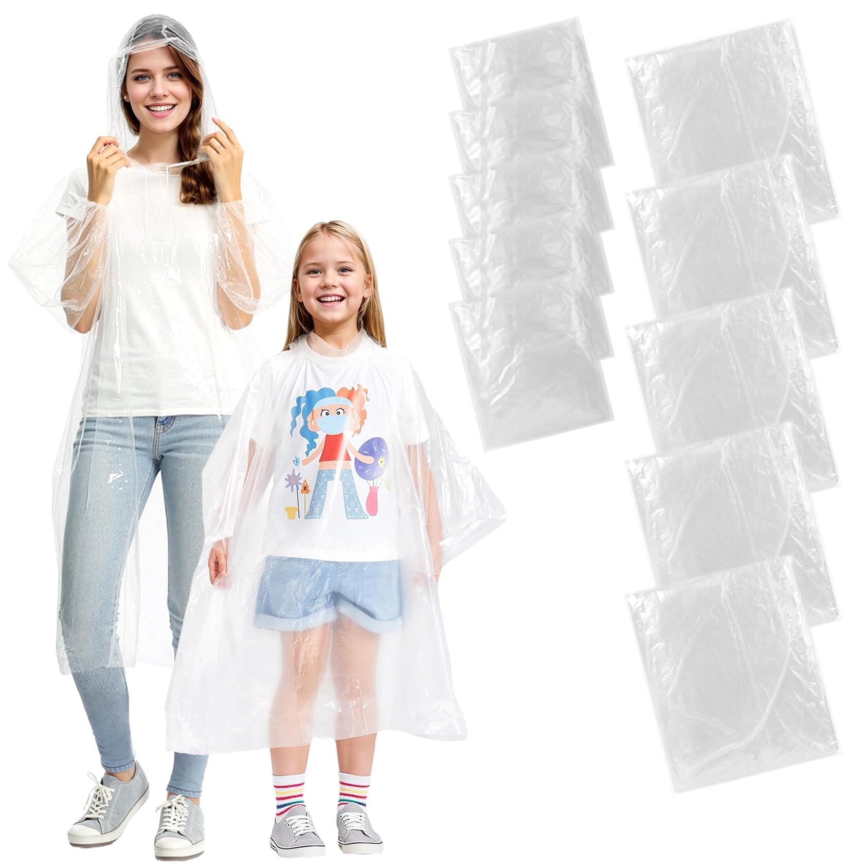 ALBOYI Disposable Rain Ponchos 10 Pack (5 Kids + 5 Adults), Waterproof Disposable Poncho Lightweight Emergency Raincoats for Family Outdoor Activities, Hiking, Camping, Travel - Unisex Rainwear