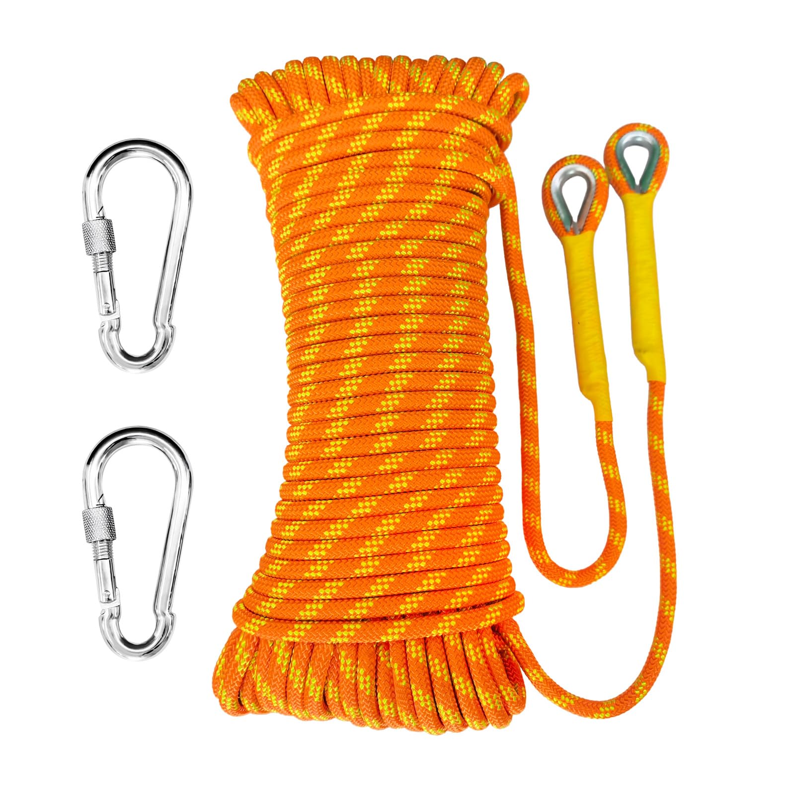 10mm statisches Kletterseil 100m Set 2 Karabiner & Tasche | Hochfestes Nylon, UIAA-zertifiziert, geeignet für Rettung, Bergsteigen und alle Outdoor-Arbeiten, Fluorescent orange