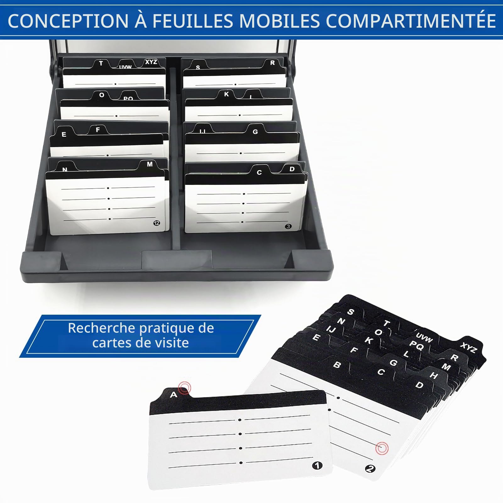 Porte-cartes de Visite, 1000 Cartes Grande Capacité Boîte de Rangement pour Cartes de Visite avec 8 séparateurs et onglets d'index A-Z (gris)