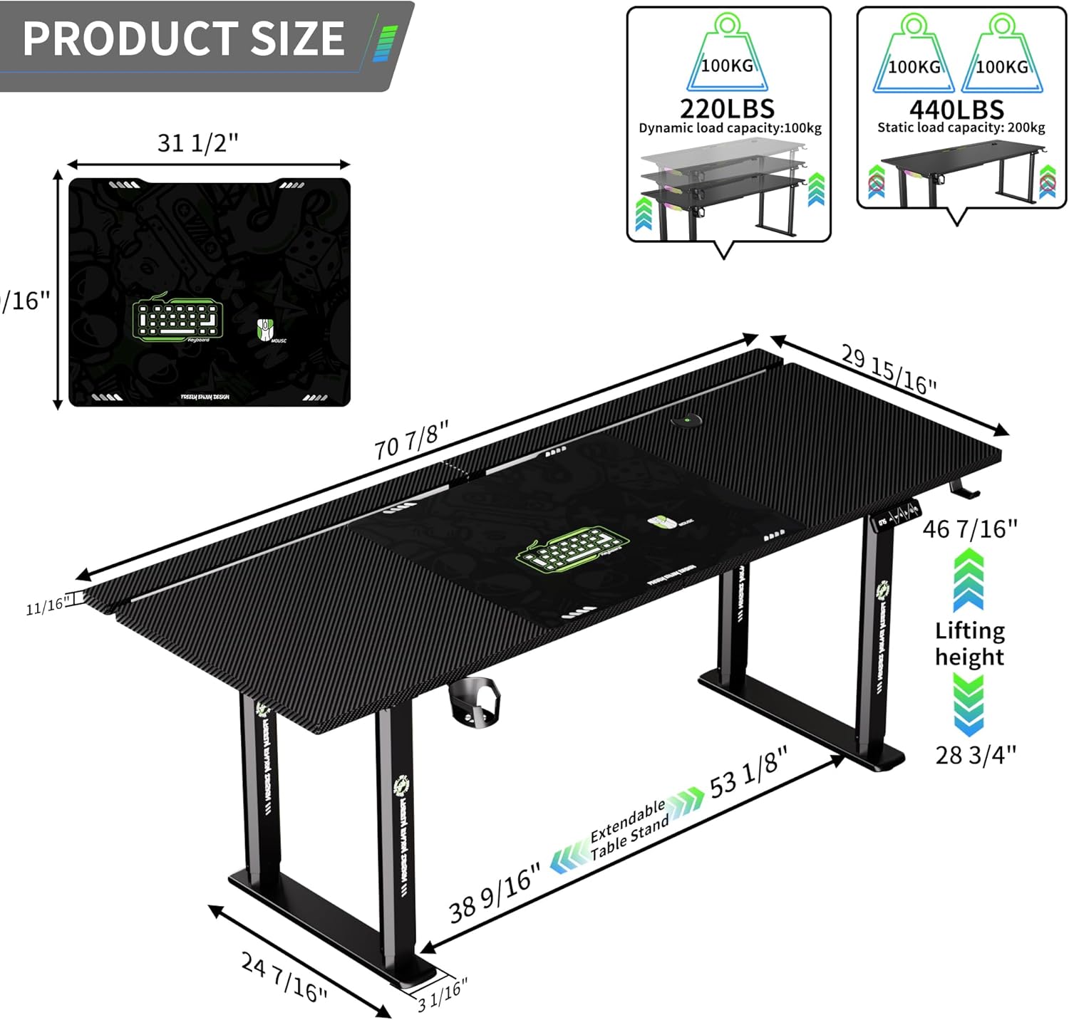 Product dimensions and load capacity diagram