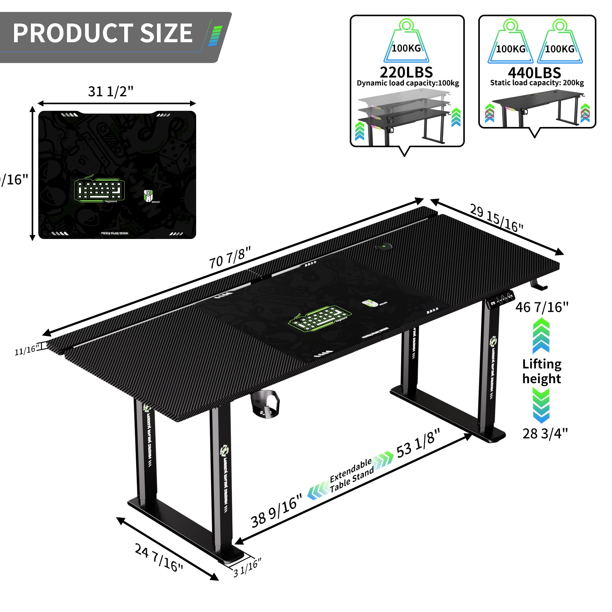 Escritorio de pie para juegos de 71 x 30 pulgadas, altura eléctrica ajustable de 4 patas, escritorio sentado a pie con luz LED y ruedas de bloqueo, diseño abatible, escritorio ergonómico para 5