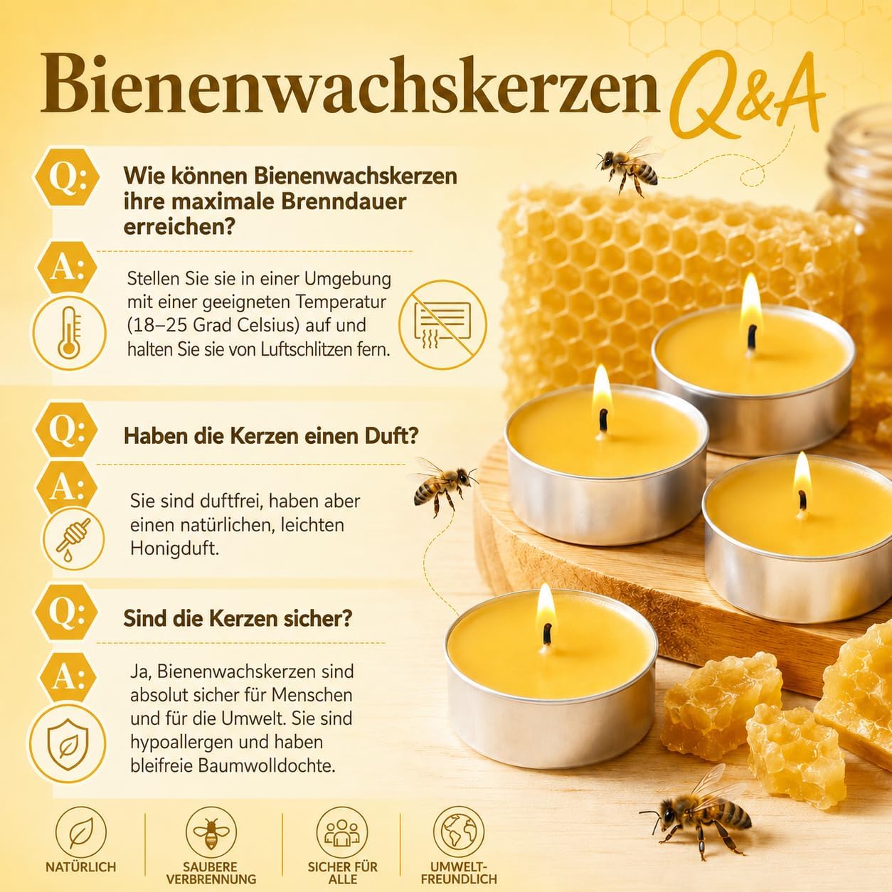 50 Stück 100% Rein Bienenwachs Teelichter, 6 Stunden