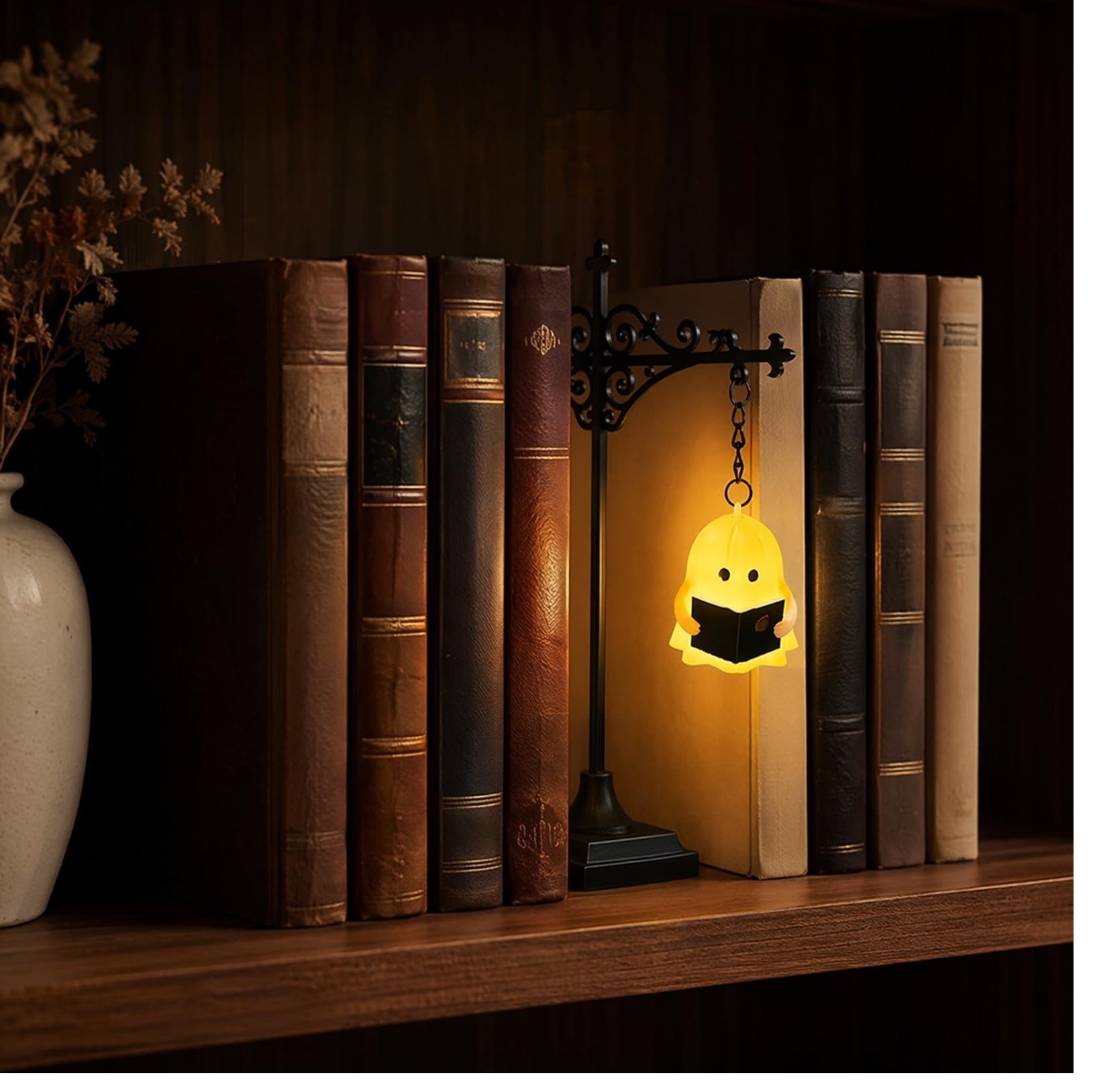 Vintage Ghost Bookshelf Lantern, Warm LED Mini Hanging Nightlight, Portable Reading Lamp, Spooky Halloween Ornament for Shelf & Indoor Tabletop Decor (K)