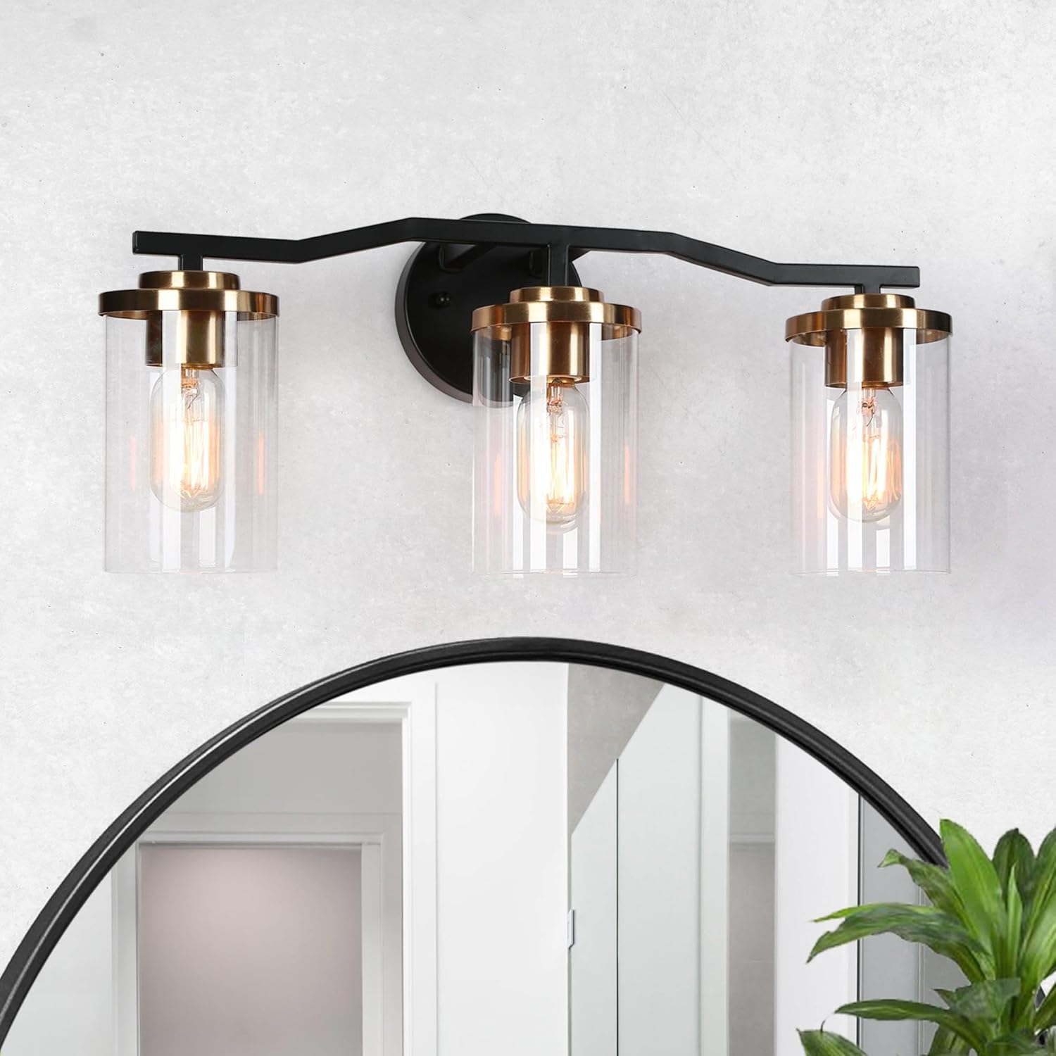 KSANA 3-Light Gold and Black Vanity Light Fixtures Over Mirror, Wall Mount Modern Brass Bathroom Sconce with Clear Glass, Midcentury Gold Vanity Lighting for Bathroom, Makeup Dressing Table, Bedroom