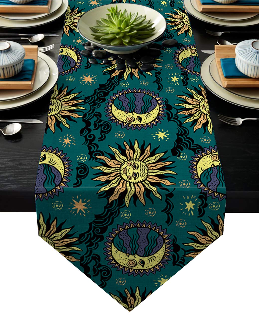Dining Table Runner Mysterious Sun Moon Stars Print Kitchen Table Runner for Dinner Parties, Events, Decor 18" x 72"