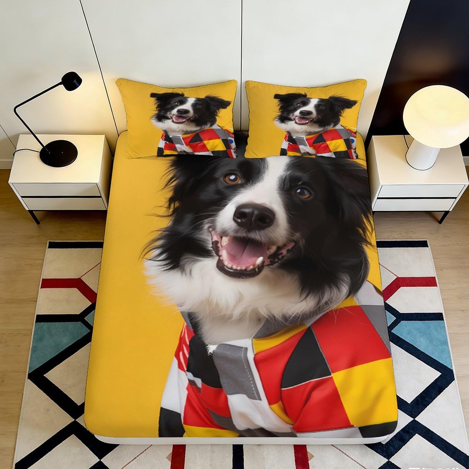 3D Printed Border Collie Fitted Sheet Microfiber Yellow Dog Bed Cover for Bedroom Guest Room Dorm Decor Mattress Protection 90x200x25cm