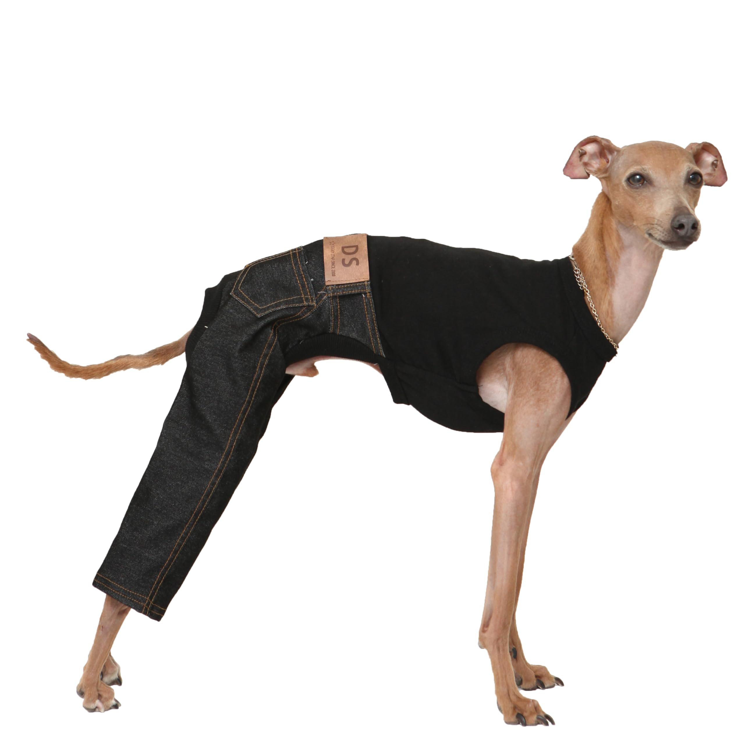 D Doggy Star Italian Greyhound Clothes Sleeveless Jeans Onesie Outfit Whippet for Dog Coat (2XL,Black Jean) โ image 1