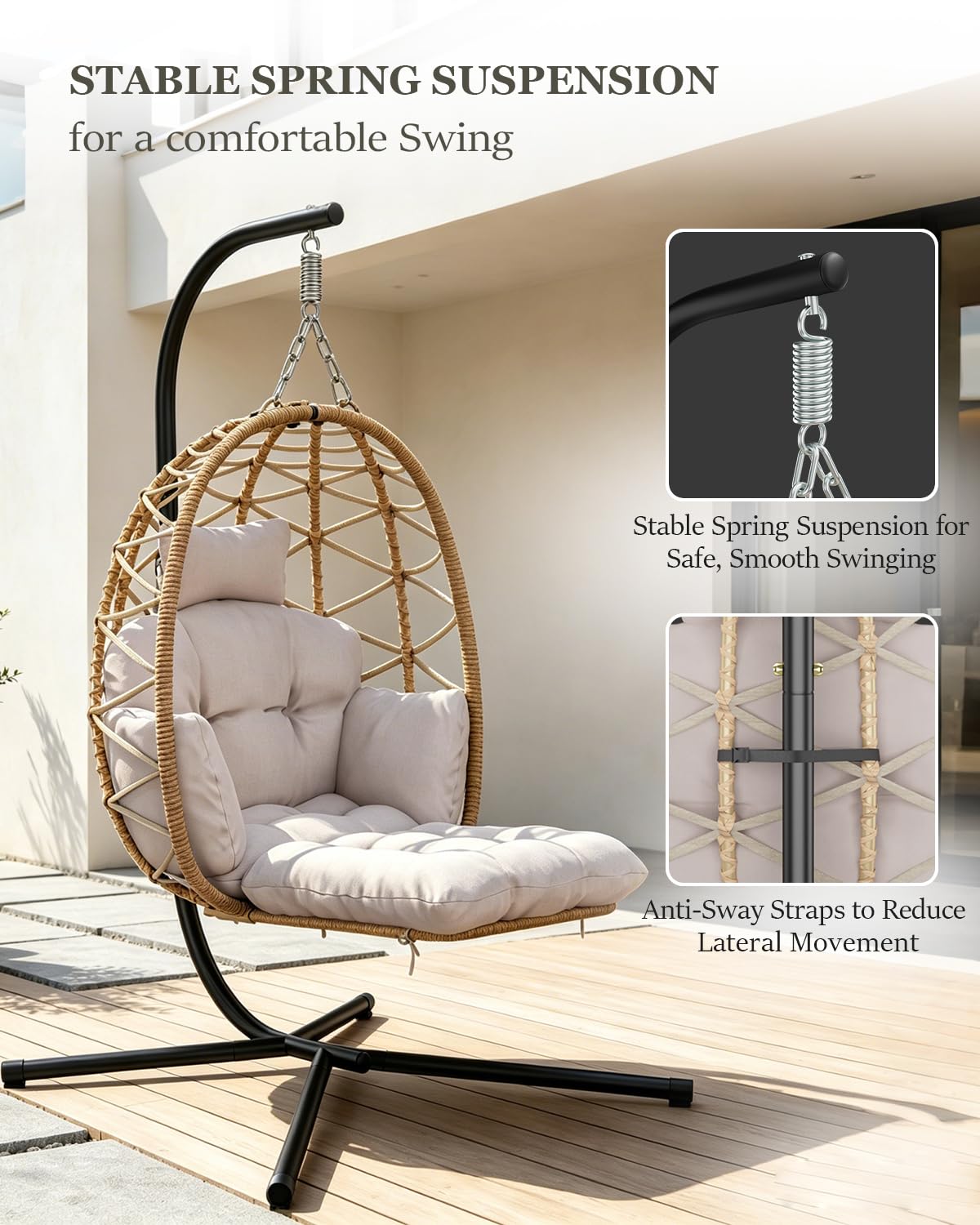 Hängesessel mit Gestell Outdoor, Hängekorb Sessel mit Fußablage und Dicke Kissen, Rattan Hängesessel mit Metallgestell, Hängestuhl für Indoor, Garten, Balkon, Terrasse, Bis 150kg