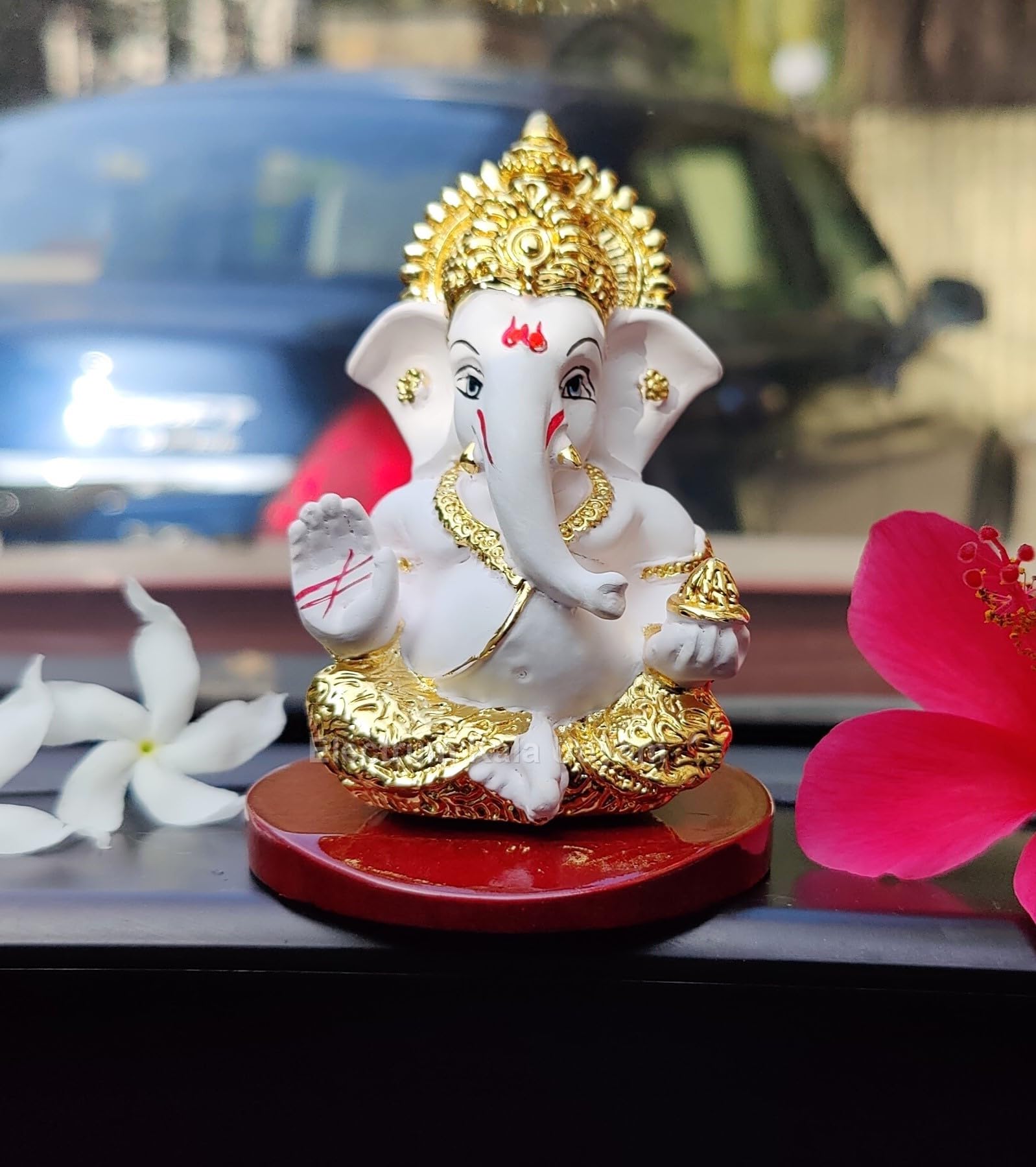 Electrum Kala Udyam Divine Figurine of Ganesha Gold Plated Idol on MDF Base | For Car Dashboard, Office Desk and Festive Gifting (MukutGoldWhiteMDF) - Image 5 thumbnail