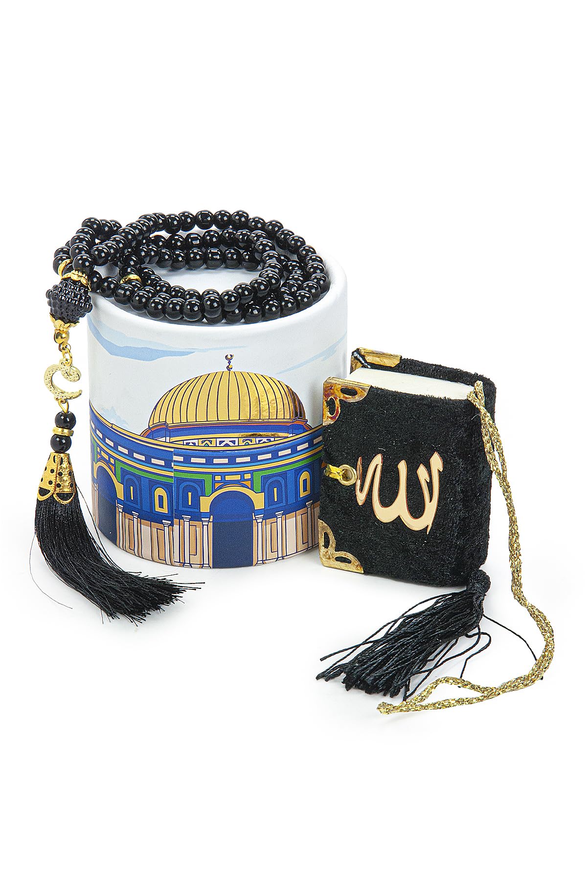 ihvan onlineihvan online, Islamic Prayer Cylinder Gift Box with Elegant Velvet Covered Mini Quran & Prayer Beads Tesbih, Misbaha Tasbeeh Sibha 99 Mala Tasbih, Ramadan & Eid Gift, Aksa Black