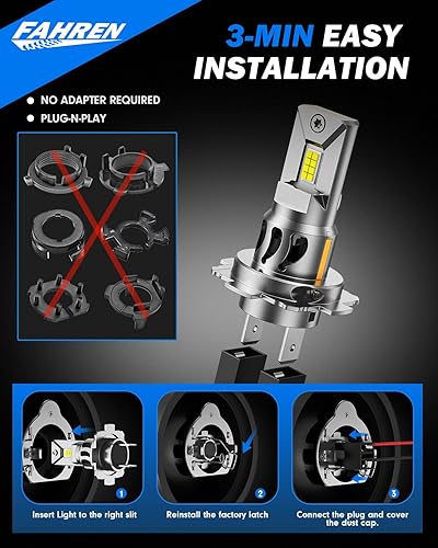Vista 56 de FAHREN Bombilla LED 9007, 50000LM súper brillante, 6500K blanco frío, bombillas de conducción HB5 de luz alta/baja con ventilador, 60000+ Ultra