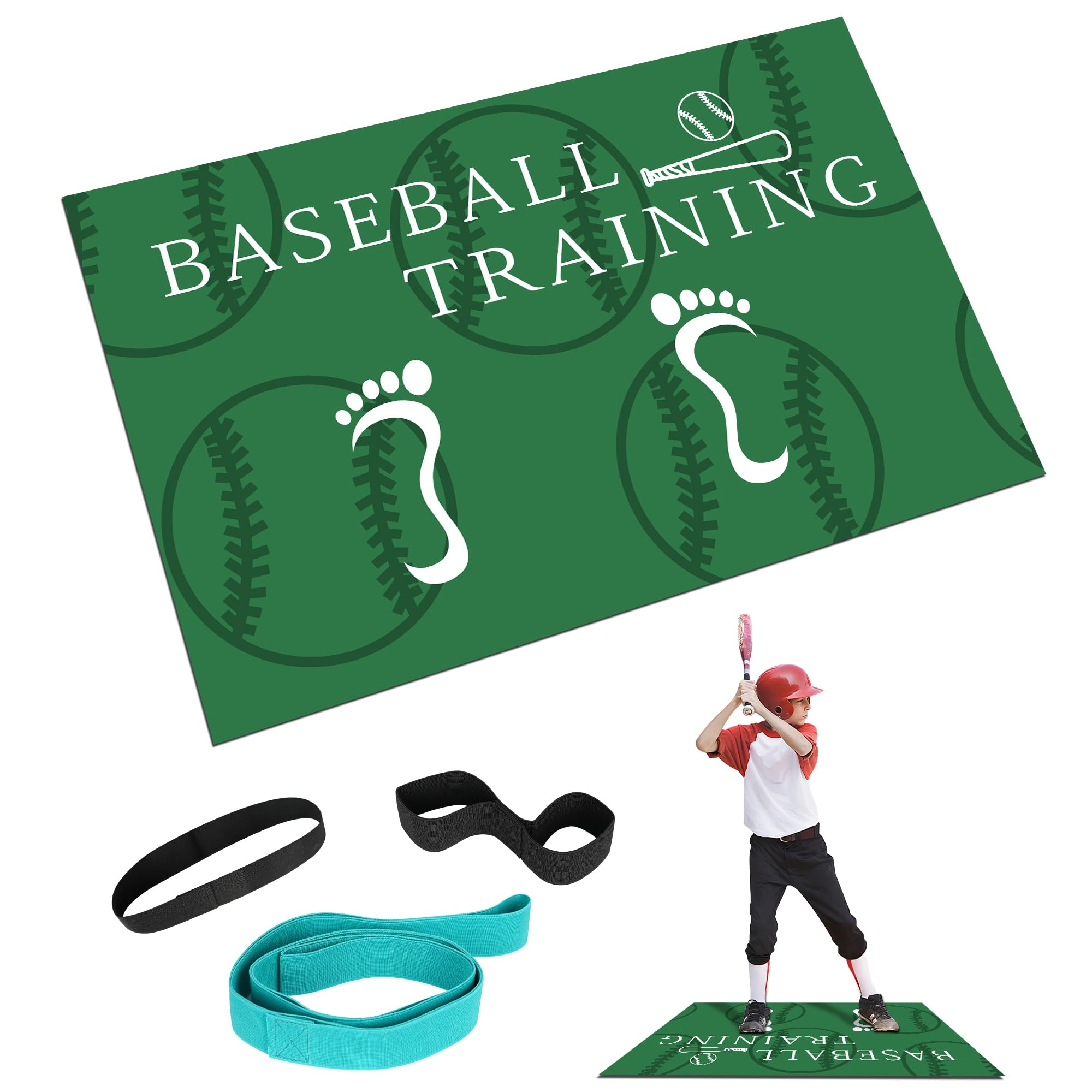 YGORTECH Baseball Hitting Mat, Baseball & Softball Batting Training Mat with Swing Trainer Bands, Portable Non-Slip Baseball Training Equipment for