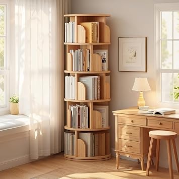 5 Tier Rotating Bookshelf Corner Bookshelf Kids Spinning Bookcase Turning Round Book Organizer, for Study Office Living Room, Natural