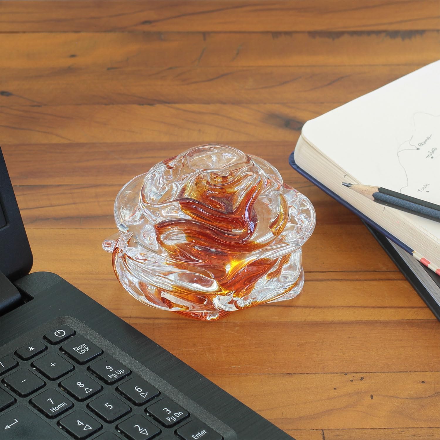 Ca D Oro Murano Style Flower Paperweight Amber Rose Figurine Hand Blown Art Glass Crystal for Office, Room Decoration and Centerpiece - Rose
