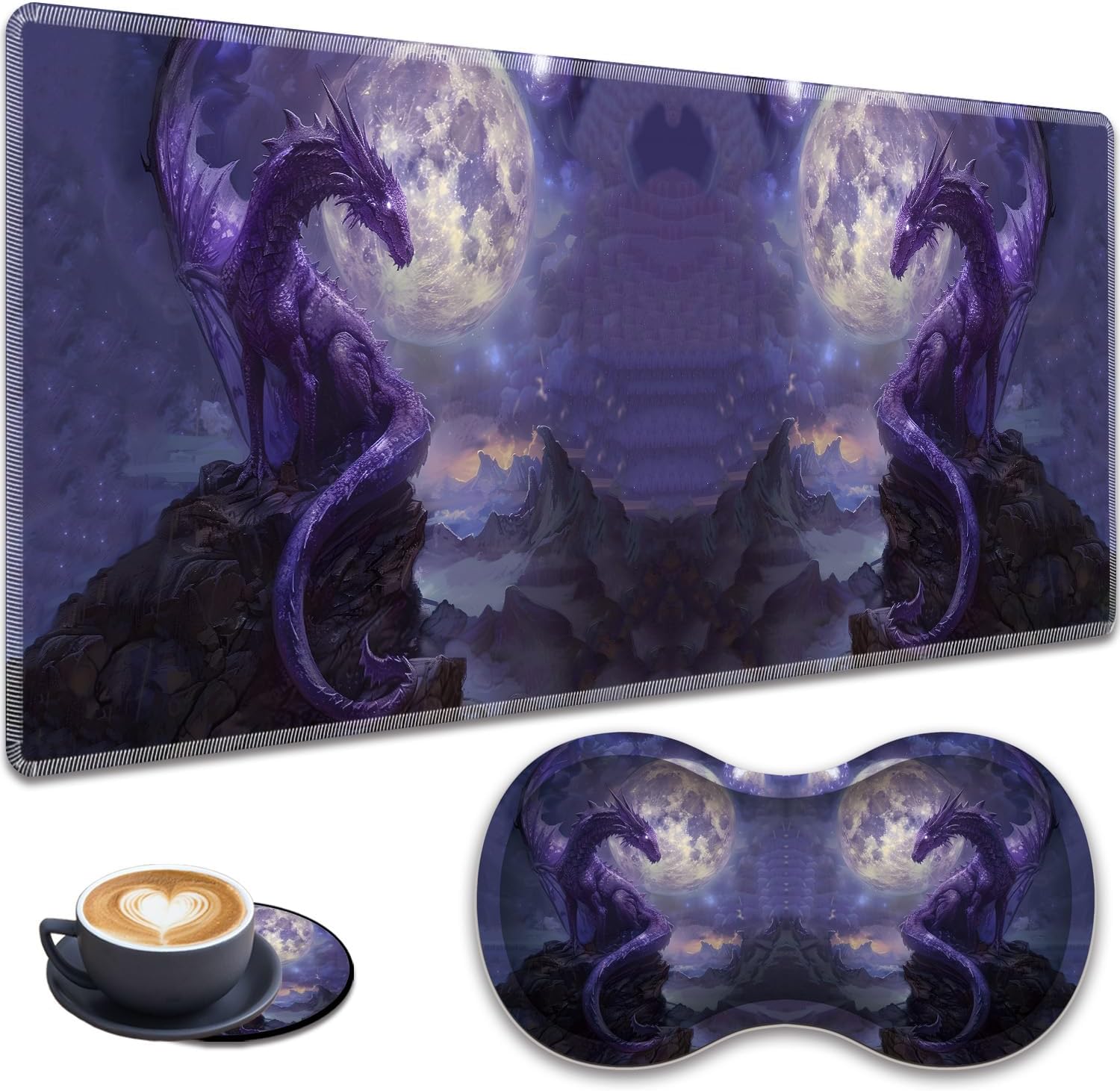 3-in-1 Large Mouse Pad Gaming Set (31.5 x 11.8 inch)+ Wrist Rest Pad + Coaster, Memory Foam Gel Wrist Rest Pad for Pain Relief, Stitched Edges, Non-Slip Table Mat, Starry Purple Dragon