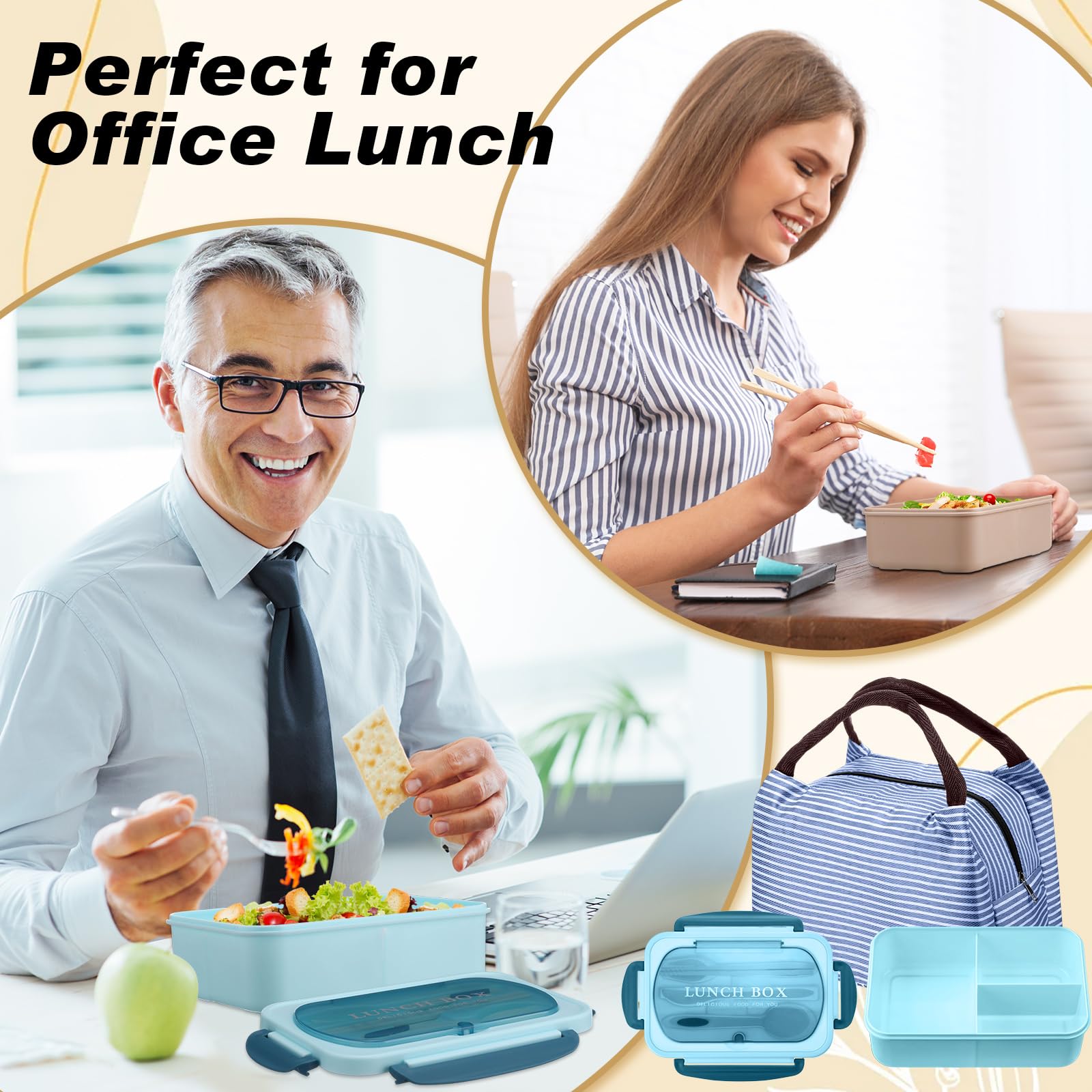 LemonRoad Große Bento-Lunchbox für Erwachsene mit Taschen, 1,2 l, 3 Fächer, auslaufsicher, Lunchbox mit Utensilien, wiederverwendbarer Lebensmittelbehälter für Mittagessen, Abendessen, Obst