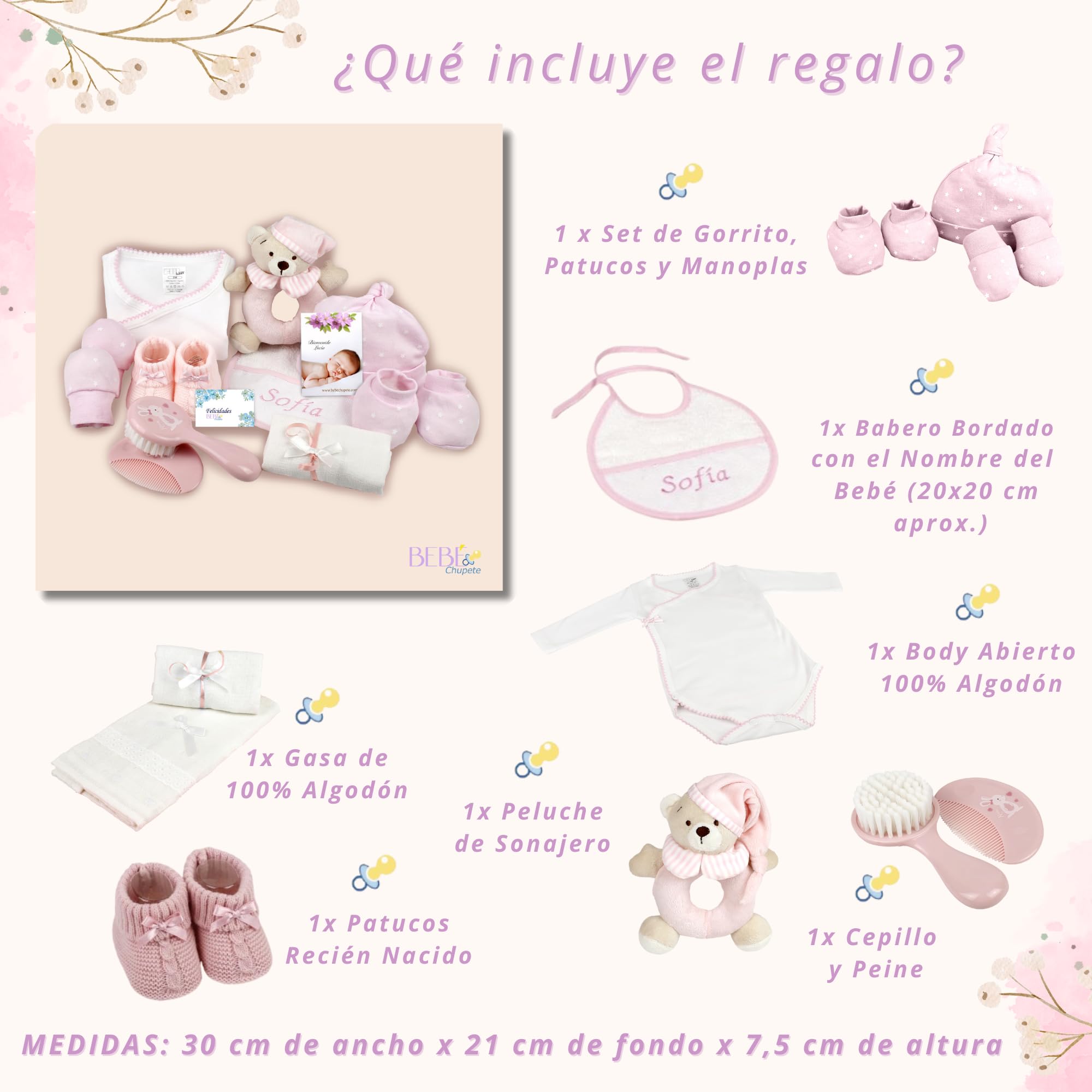 BEBÉCHUPETE Regalos bebes recien nacidos originales personalizados - Cosas para bebes recien nacidos - Primera puesta bebe recien nacido - Regalo bebe recien nacido niña/o - Cestas bebe (Rosa)