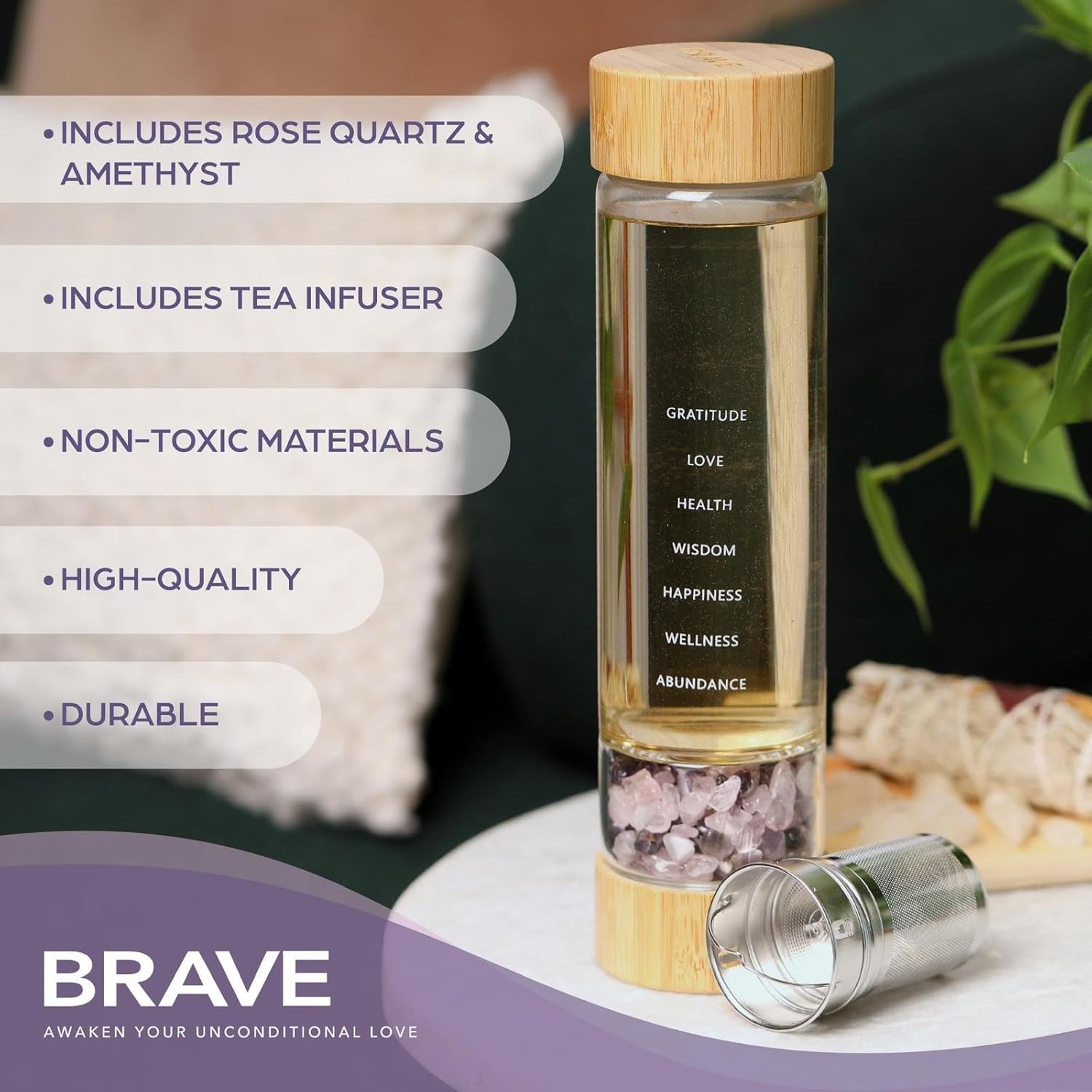 Crystal Water Bottle with Tea Infuser & Healing Crystals – Eco-Friendly Glass Bottle with Bamboo Lid – Amethyst & Rose Quartz Gemstone Elixir – Reusable Gift for Women & Men