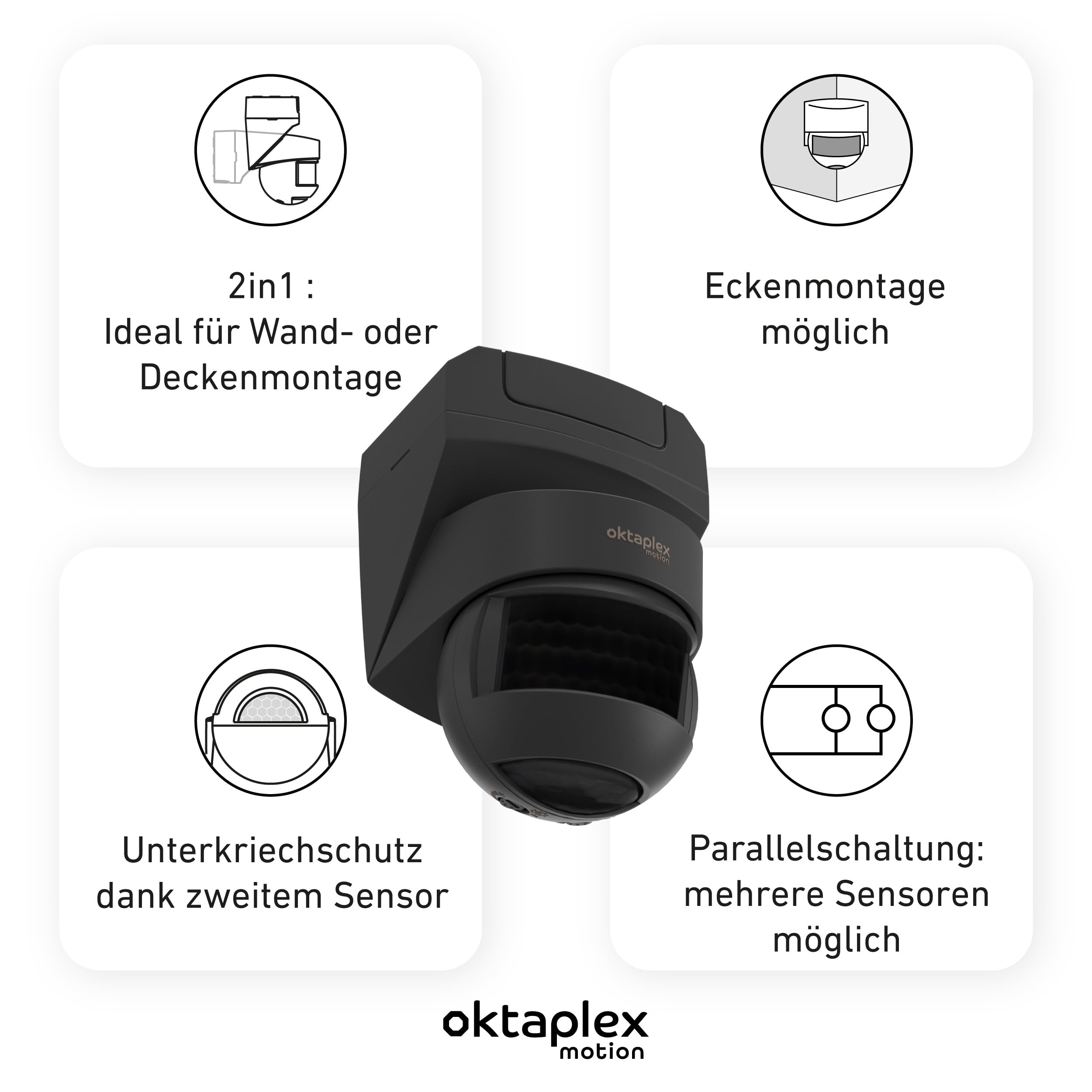 Oktaplex Lea - Juego de 2 detectores de movimiento para exteriores, color antracita | Sensor PIR IP54 de 180 grados, 12 m, montaje en esquina, 230 V, apto para LED