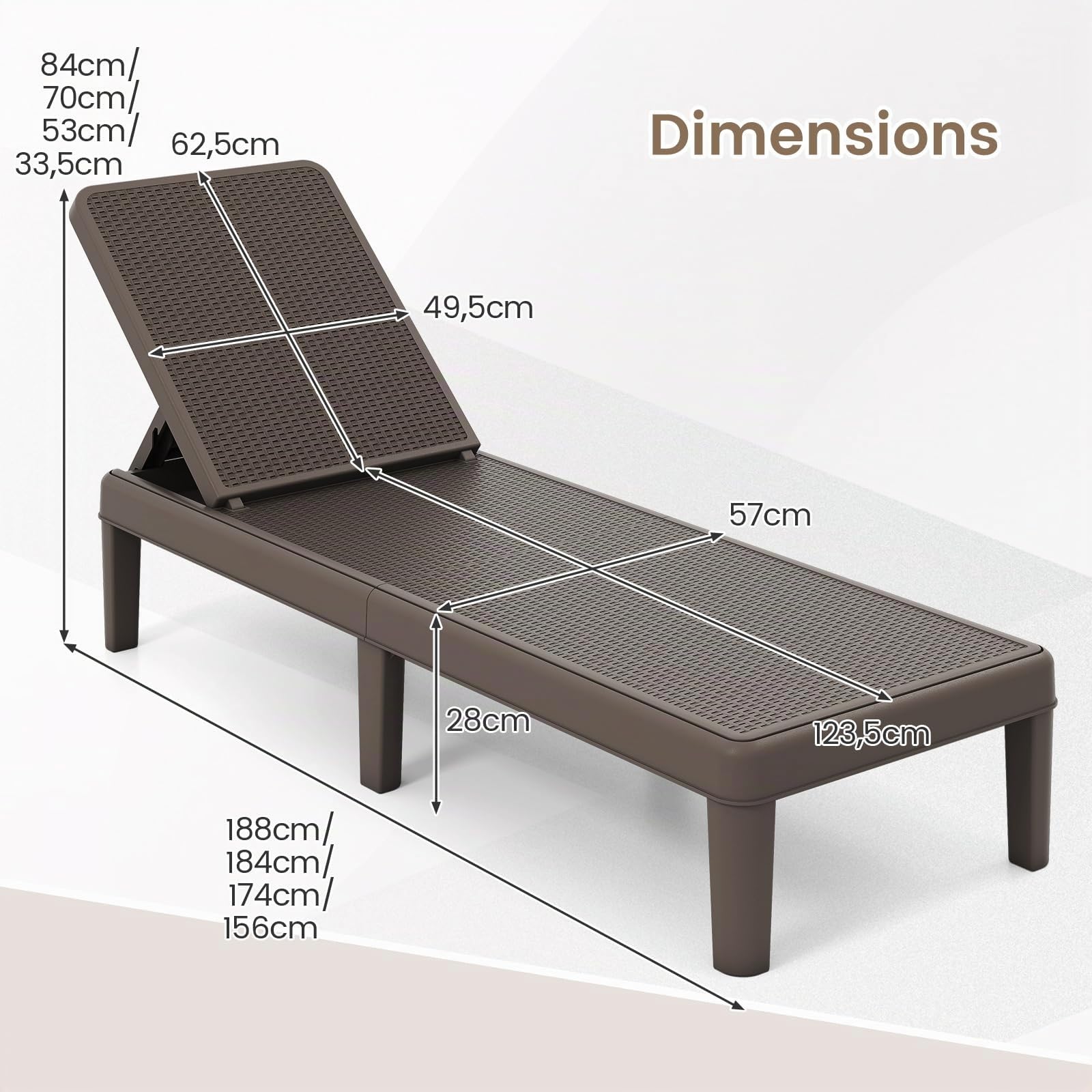 COSTWAY 2pcs Bain de Soleil en PP Effet Rotin, Chaise Longue Jardin Exterieur, Dossier Inclinable à 4 Positions, 6 Pieds, Montage sans Outil, Transat pour Terrasse Balcon Piscine, Charge 150kg(Marron)