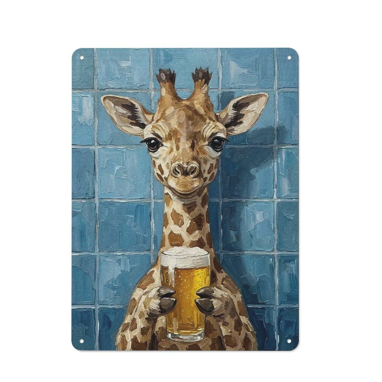 Giraffe with Beer Painting Barn Style Metal Wall Decor 40x30cm, Country Metal Sign for Kitchen, Cottage, Porch Or Garden Room