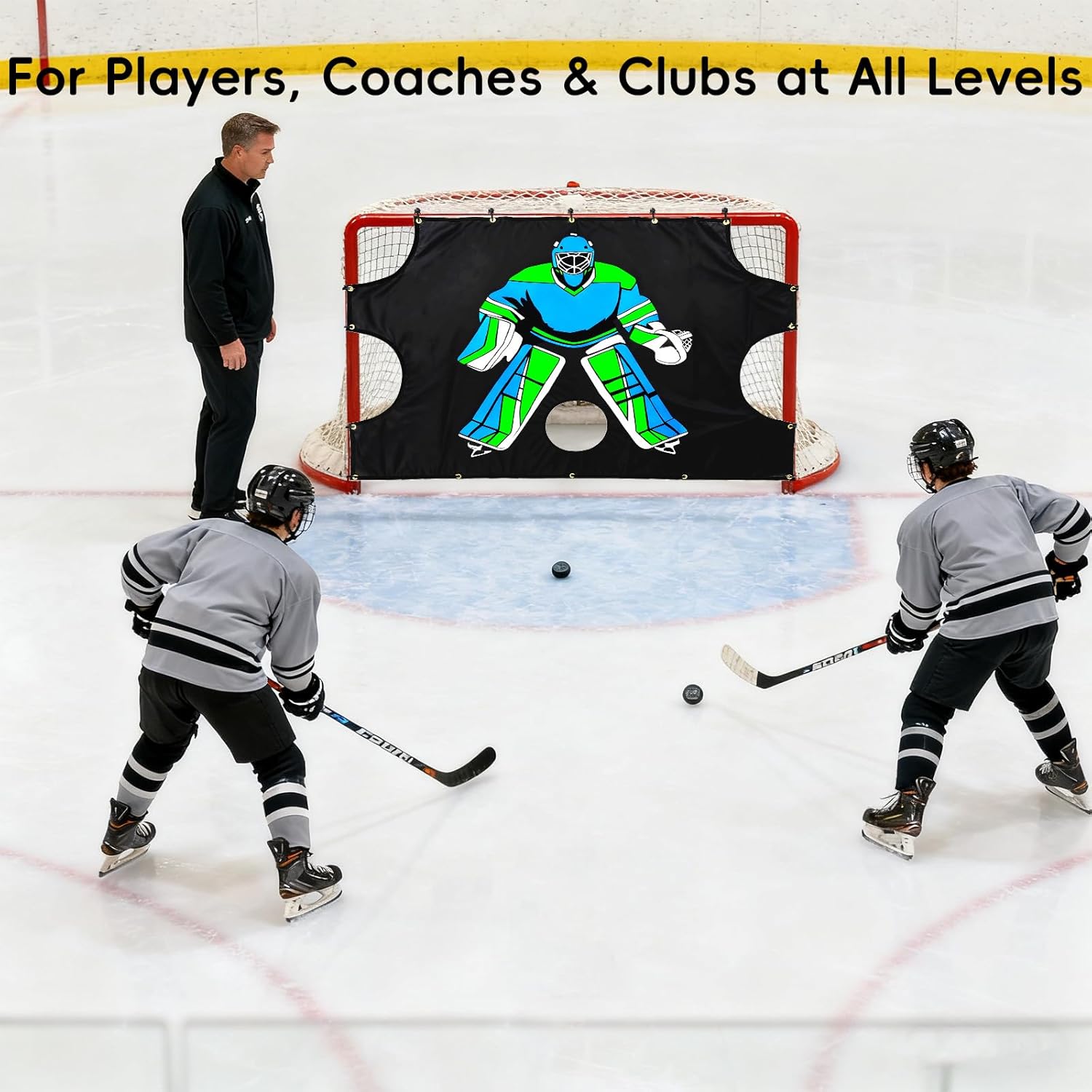 Ice Hockey Training Target - Durable Quick Install PVC Goalie for Shotting Accuracy Skill Development Suit Indoor Outdoor All Weather - for Youth Adults with 5 Hole - 1 Piece