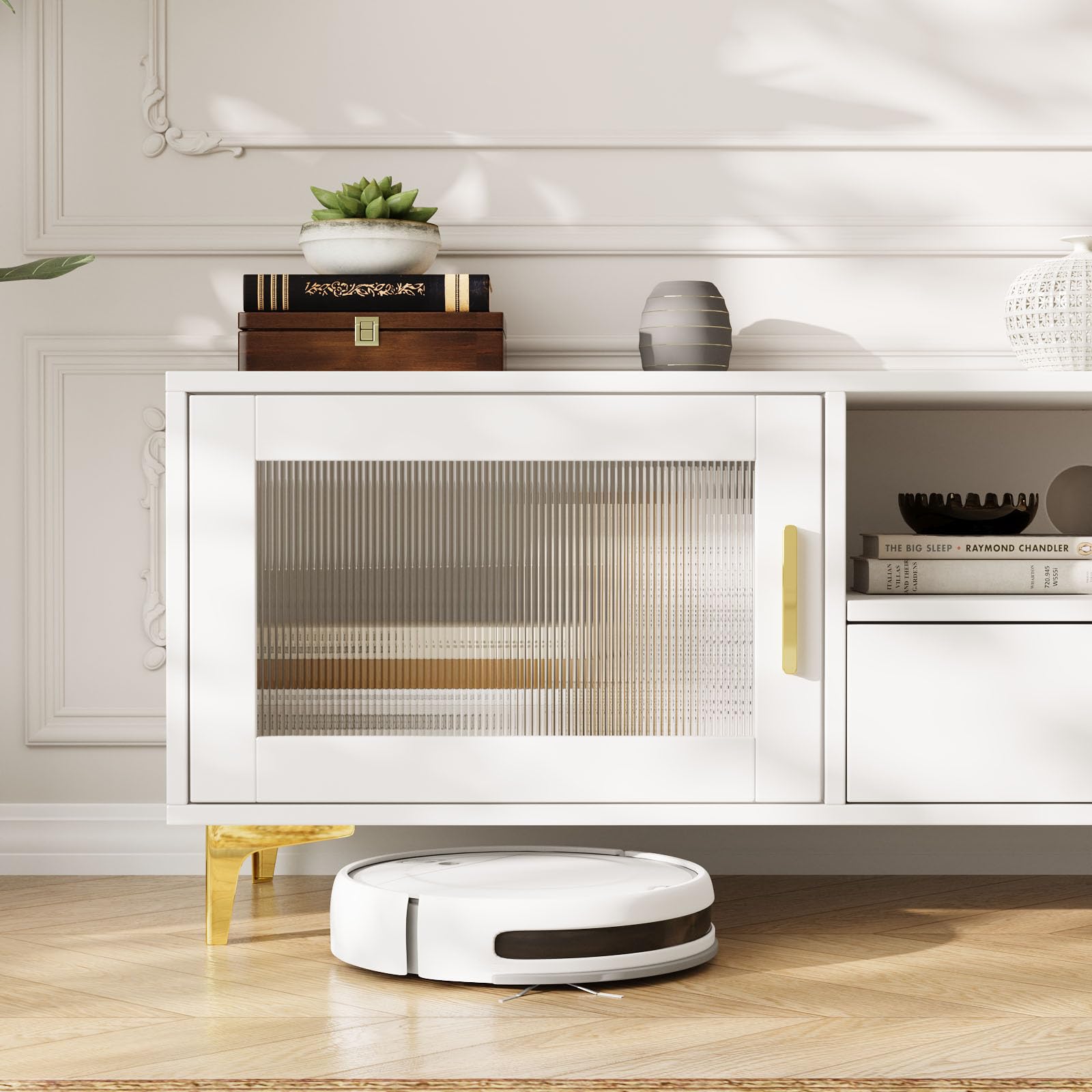 VOWNER Mobile TV, TV Basso fino a 65", Mobile TV con Vano Portaoggetti Aperto, Tavolo TV con Cassetti, Adatto per Coggiorno e Camera da Letto, 150 x 35 x 43 cm, Bianco