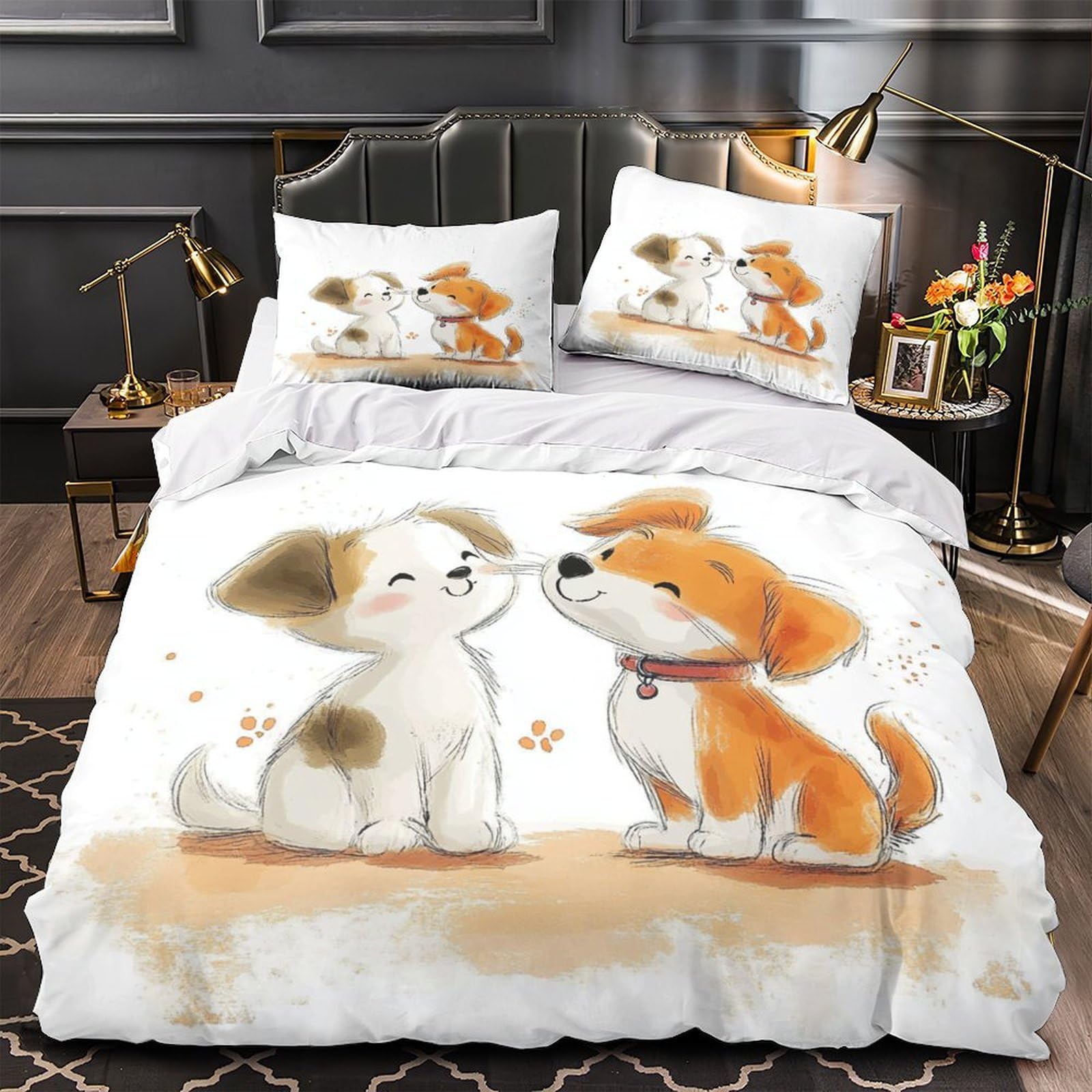 Parure de lit 3D imprimé microfibre résistante avec motif de chiot mignon deux personnes