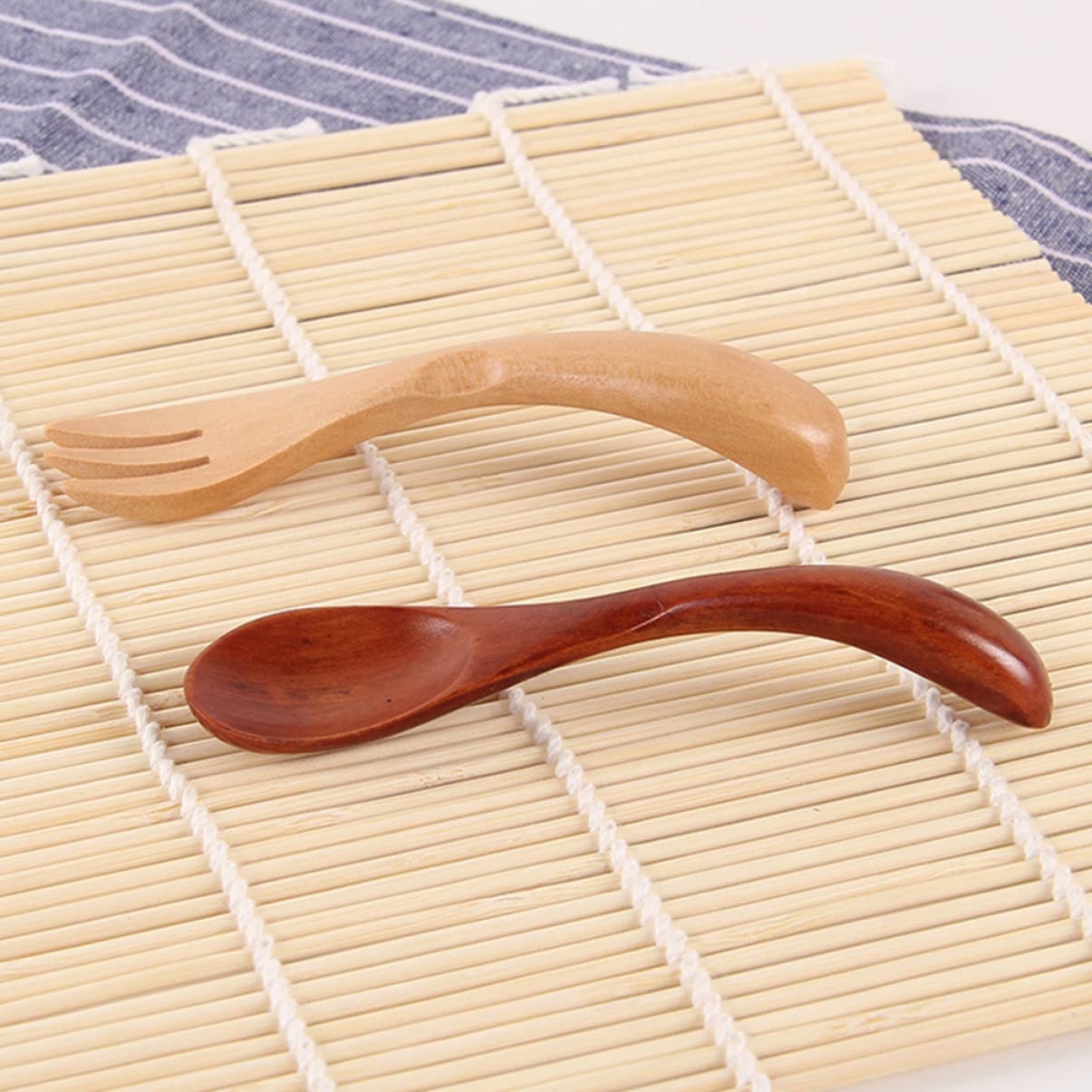 IWOWHERO 1Set Adorable Wooden Utensil Fork and Spoon for Boys and Portable and Easy to Clean for Lunch Boxes and Travel and Dining Accessories