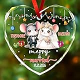 Personalized Merry and Married Glass Ornament with Names & Date, Customized Newlywed Ornament Christmas 2026, 1st Xmas Married Ornaments Gift for Husband Wife, Bride & Groom Mouse Decoration