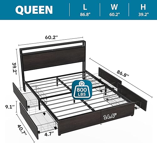 Miniatura 29 de Base de cama de tamaño matrimonial con cabecero, plataforma LED con 4 cajones de almacenamiento, estación de carga integrada, sin ruido, base de