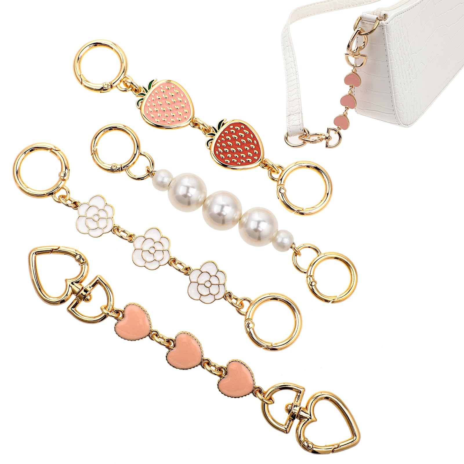 salbsever4 PCS Purse Strap Extender Strawberry Heart Pearl Flowers Shape Bag Chain Strap Replacement Bag Extender Purse Strap for Cross-Body Handbags Shoulder Bag Accessory DIY Women