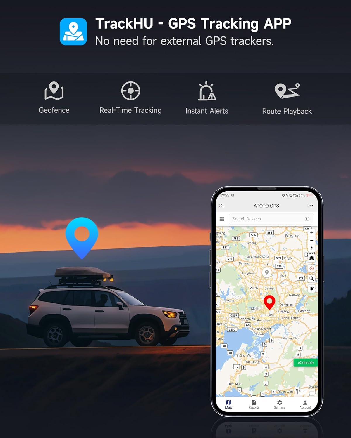 Smartphone displaying the TrackHU GPS Tracking App interface with a map and device status.