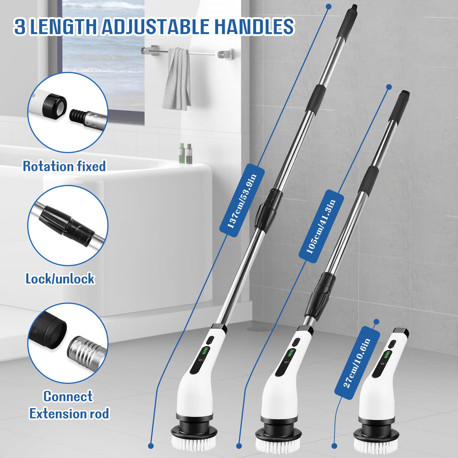 Cepillo Electrico Limpieza Hogar Kit, Escoba Limpieza Fregadora Electrica, con 7 Cabezales de Cepillo de Repuesto, Power Scrubber con Mango Ajustable, para Baño, Suelo de Baldosas, Coche
