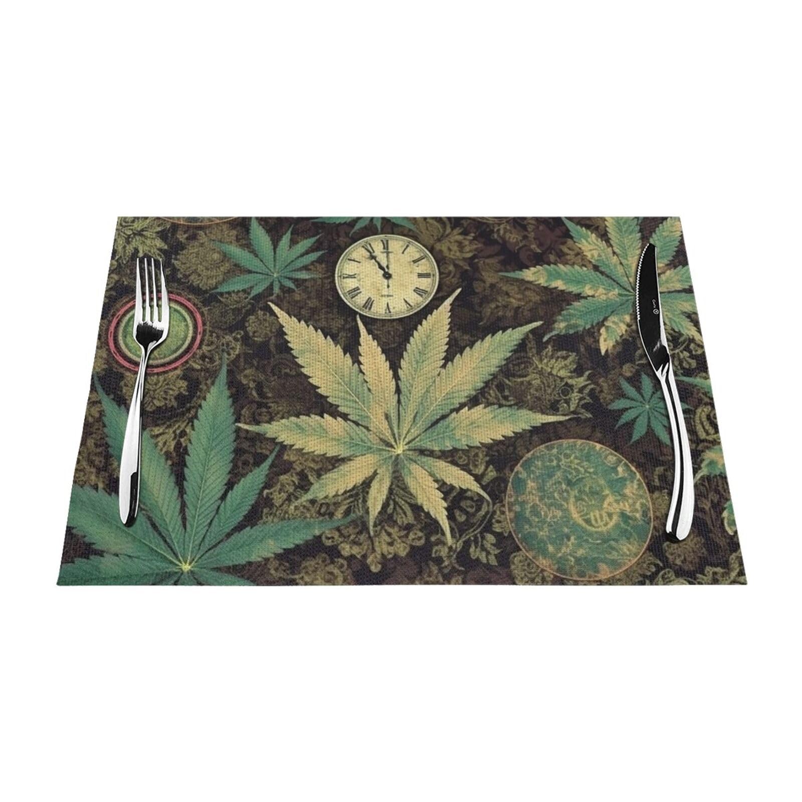 A Puff in Time Weed Marijuana Placemats Set of 1 - Woven Vinyl Kitchen Table Placemats - Heat Resistant Non-Slip Place Mats for Dining Table, Washable Indoor Outdoor Table Mats 12x18 Inch