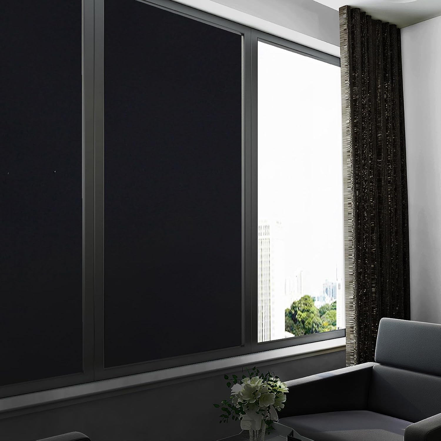 23.6"x 118" Black Blackout Window Film,100% Light Blocking Room Darkening Window Privacy Film,Frosted Glass Window Film Heat Control, Removable Window Cover Tint for Day Sleep