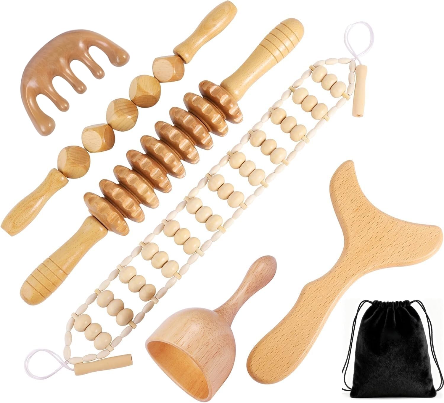 Maderotherapie Set 6 teilig, Holz Massagegeräte gegen Cellulite, Wood Therapy Massage Tools mit Faszienstab Holz für Lymphdrainage, Anti-Cellulite Massage und Körperformung
