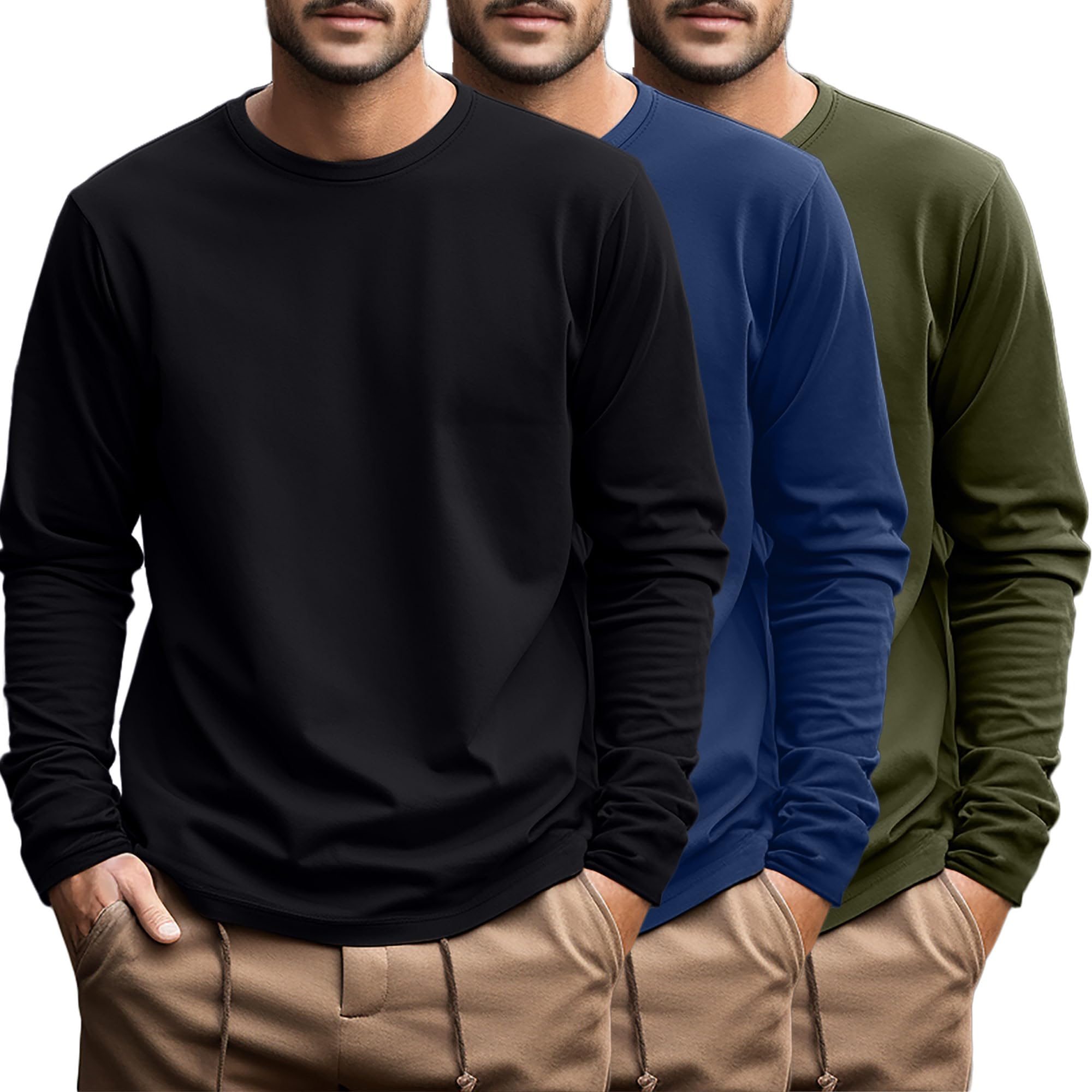 Ficerd Confezione da 3 Magliette da Uomo Taglie Forti, T-Shirt a Maniche Lunghe in Cotone, Scollo Rotondo e Top Oversize