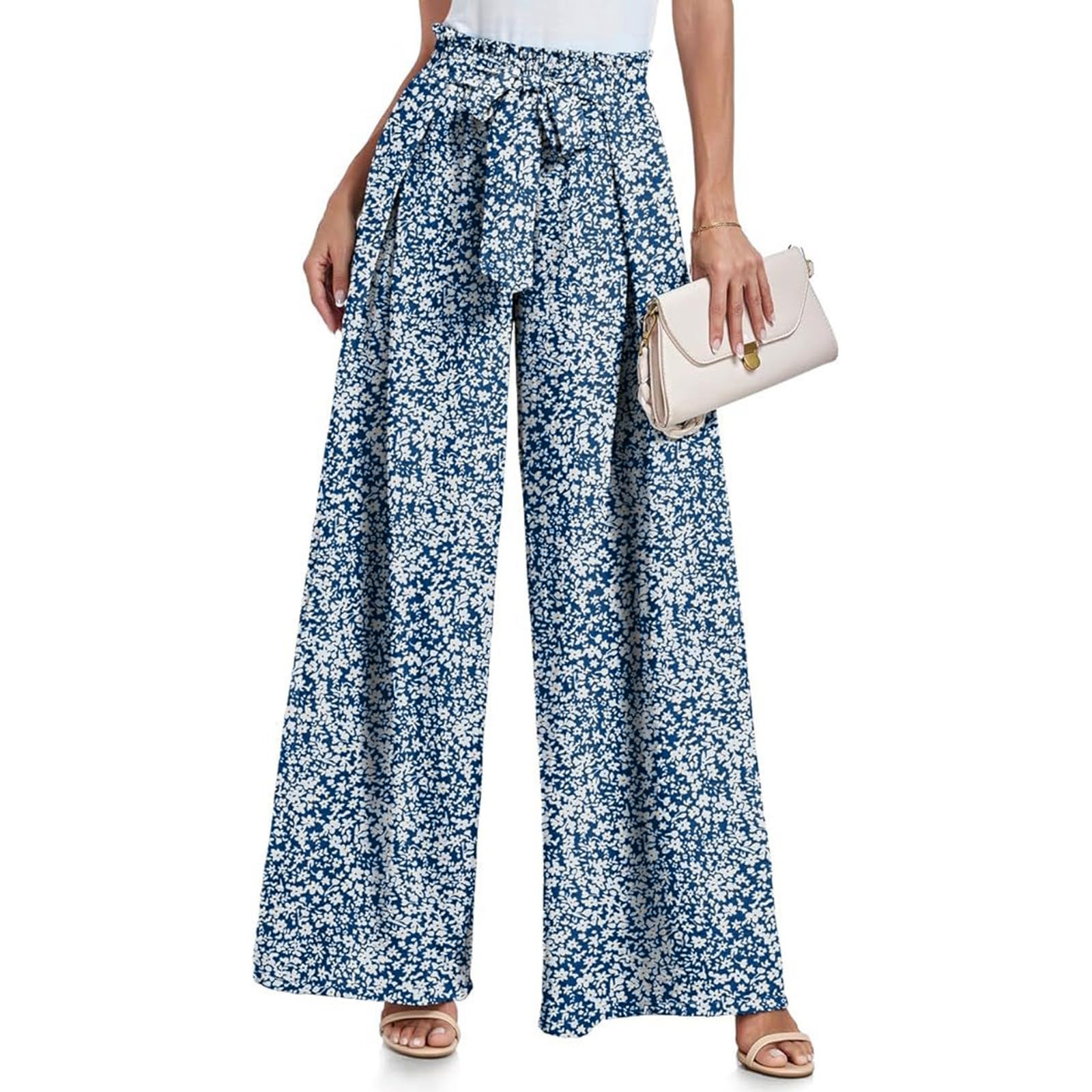 Generisch Weite Hose Damen Sommer Hosen High Waist Weites Bein Sommerhose Damen Leicht Lang Palazzo Hose Elegant Sommerhosen Frauen Leicht Und Luftig Gemustert Marlenehose Mit Gummizug Und Taschen