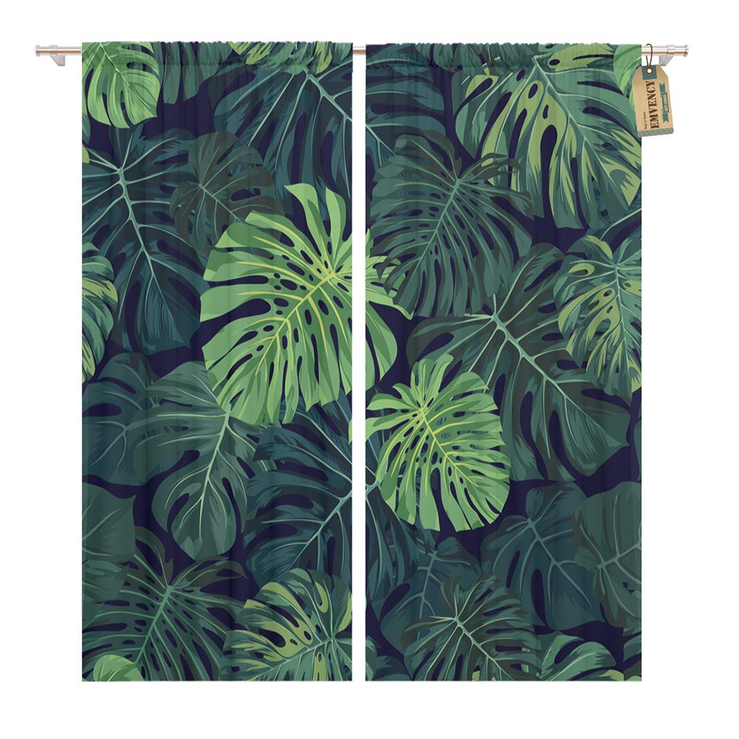 Golee Window Curtain Tropical Pattern Green Monstera Palm Leaves on Dark Exotic Home Decor Rod Pocket Drapes 2 Panels Curtain 104 x 84 inches