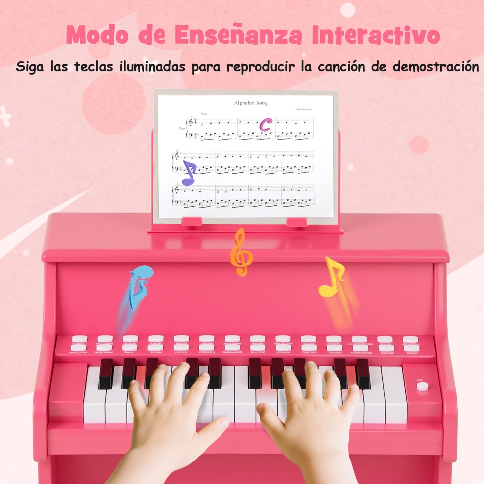 COSTWAY Piano Infantil de 25 Teclas, Organo Electronico Niños, Juguete Piano de Madera con Velocidad y Volumen Ajustables, Modo de Enseñanza, Atril, Instrumento Musical Infantil 3+ Años (Rosa)