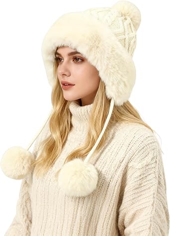TAGVO Women's Winter Knit Hat with Fleece Lining & Triple Pom Poms   Warm Soft Earflap Beanie for Cold Weather