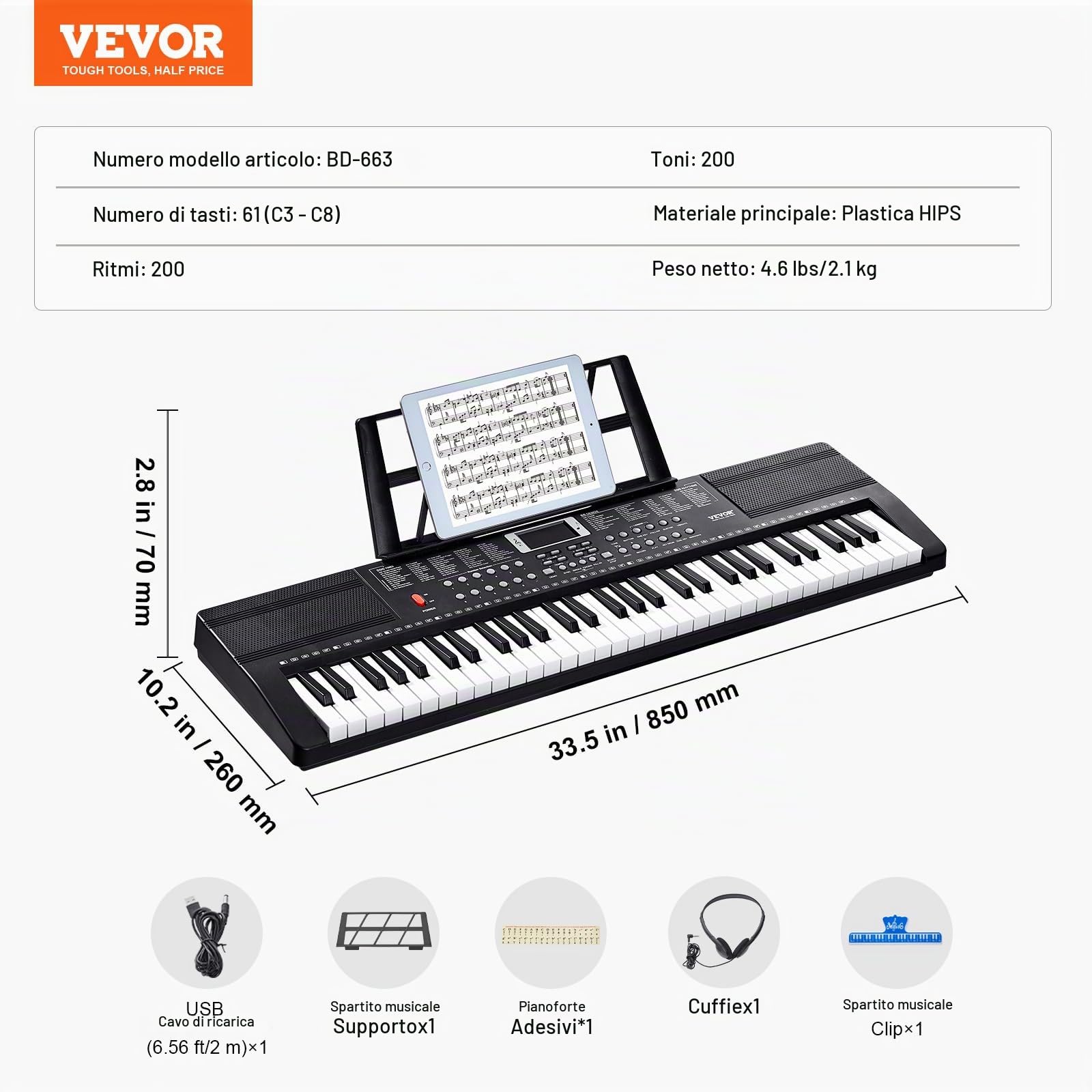 VEVOR Pianoforte Digitale con Tastiera, 61 Tasti, Set Pianoforte con Tastiera Elettrica Portatile, 200 Toni, 200 Ritmi, 60 Brani Demo, Altoparlanti Incorporati, Cuffie, Microfono, per Principianti