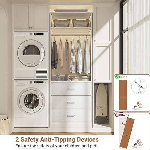 Miniatura 6 de Juego de 2 sistemas de armario de 4 pies con 6 cajones de madera, sistema organizador de armario de 48 pulgadas con 2 varillas para colgar y 2